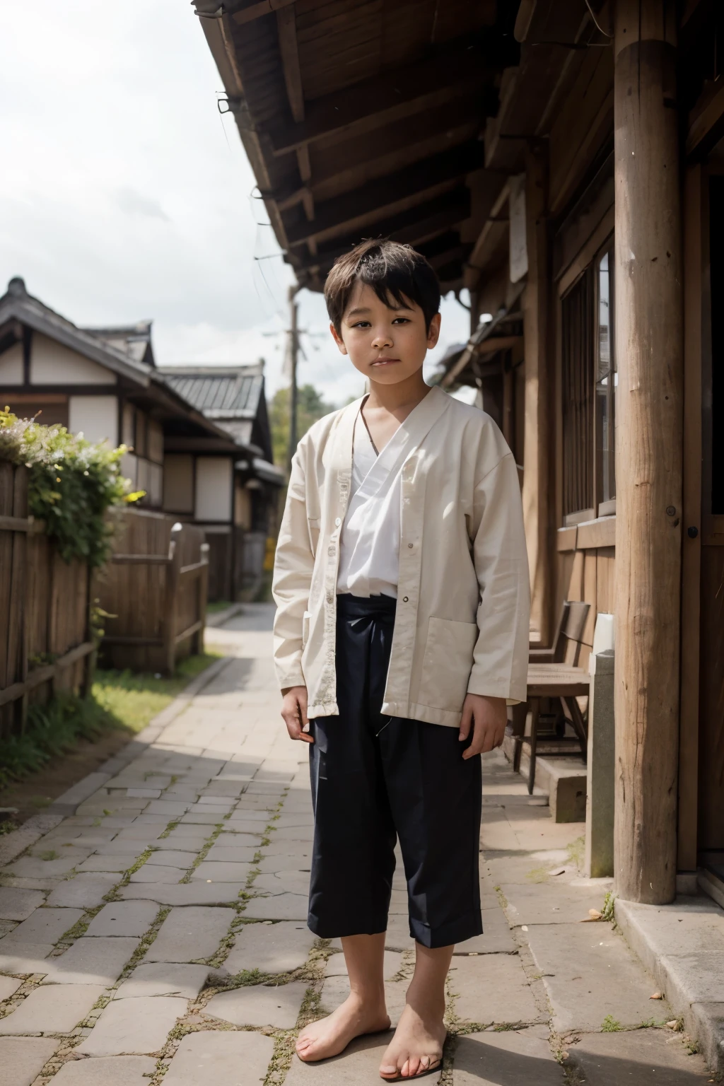 Design an engaging illustration featuring a courageous 8--old anese boy from the Feudal era:
Character: Create a young boy dressed in traditional Japanese attire, and standing with a brave and curious expression.
Age Representation: Emphasize the age of the boy through appropriate clothing and proportions, ensuring he looks like an 8-year-olacialpression: Capture a combination of bravery, innocence, and curiosity on the boy's face. Make him look as though he is peering into the future with determination.
Village Background: Situate the boy against a backdrop of a quaint Feudal Japanese village, complete with traditional architecture, foliage, and perhaps a serene landscape.