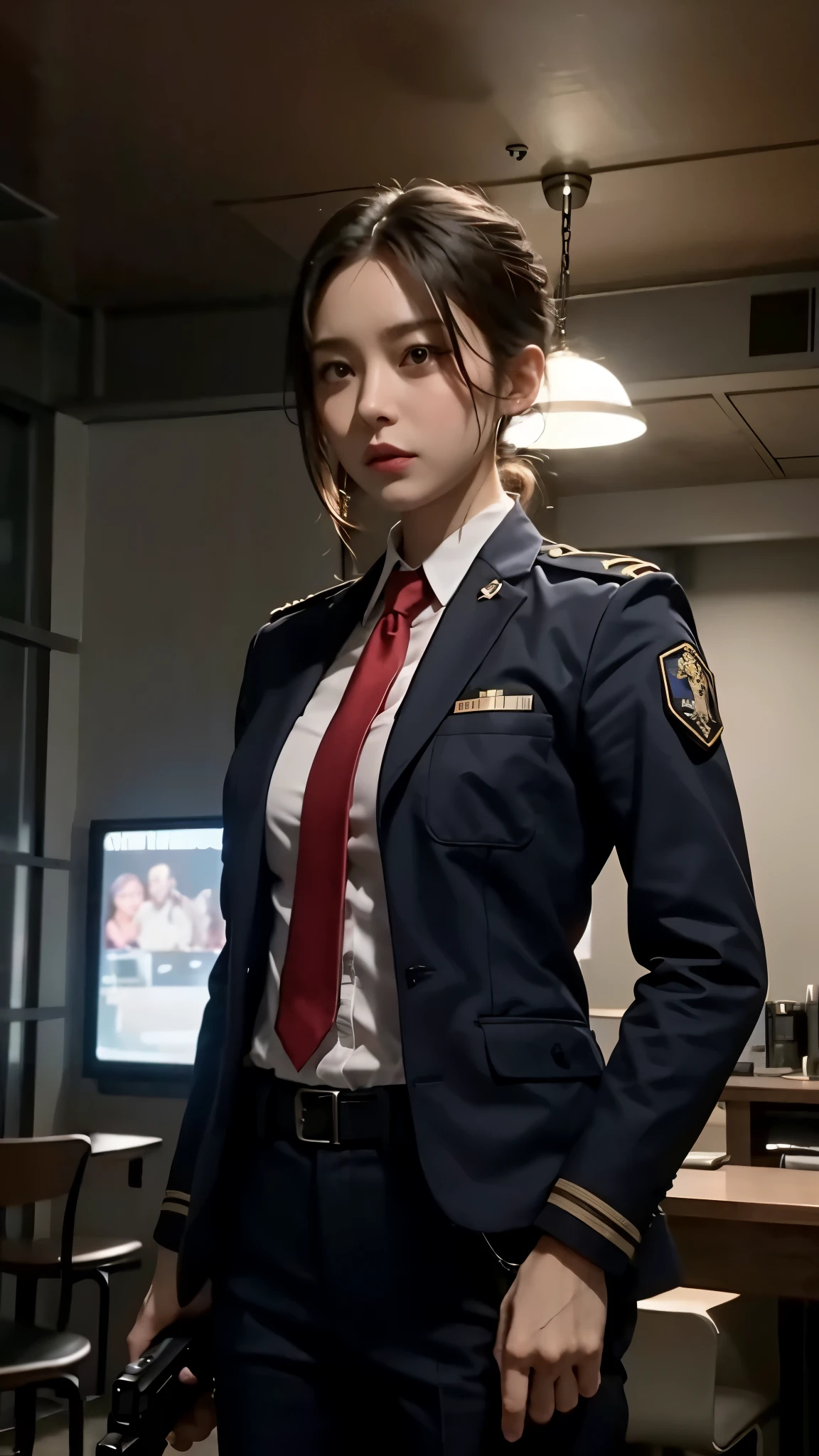 FBI agent girls and boys ,whit uniform, catch a bad guy, cinematic style,gun shot scene, cinematic lighting,
