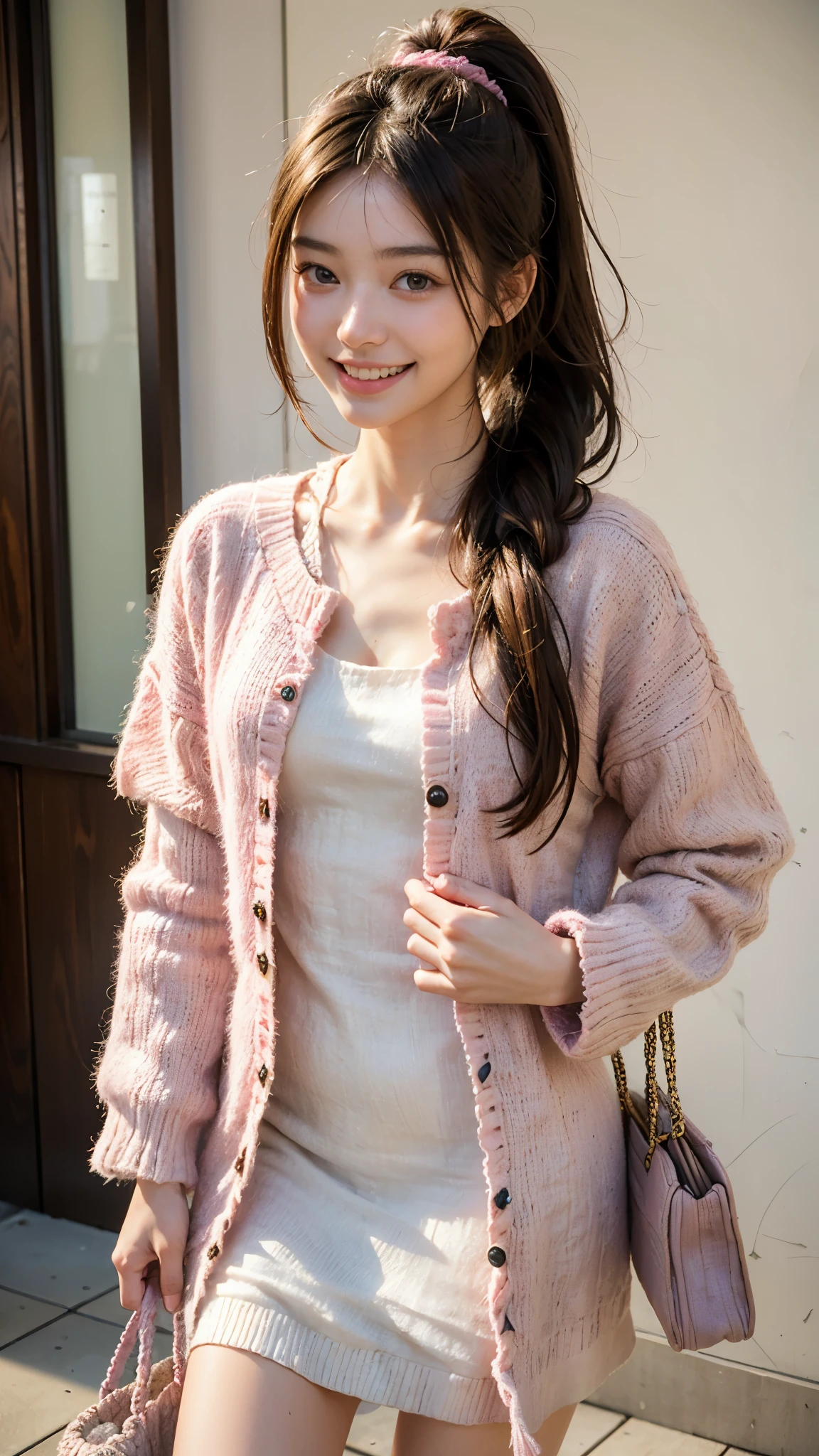 highest quality, masterpiece, ultra high resolution, (realistic:1.5), (close portrait) Raw photo, 1 girl, 22 years old, (((linen fabric dress))), (((pink shaggy knit outerwear))),((Handbag)),masterpiece, realistic pictures, japanese pictures, fuji negative film, saturation, contrast, Pocari Sweat Advertisement ((small breasts)),((smiling showing teeth)),long hair top ponytail,brown hair,