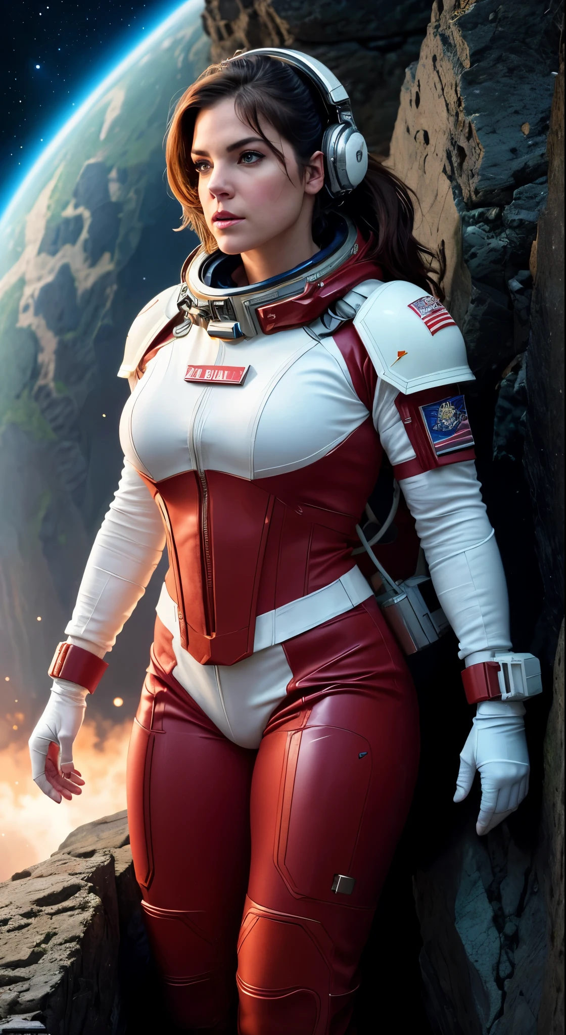 Alison Tyler as space marine, wearing white and red space suit, futuristic helmet, tined face shield, rebreather, accentuated booty, Highly detailed RAW color Photo, Full Body, (leaning over rocky Edge, looking out at advanced alien structure) toned body, big butt, (sci-fi) particle effects, raytracing, cinematic lighting, shallow depth of field, , cinematic film still from Gravity 2013