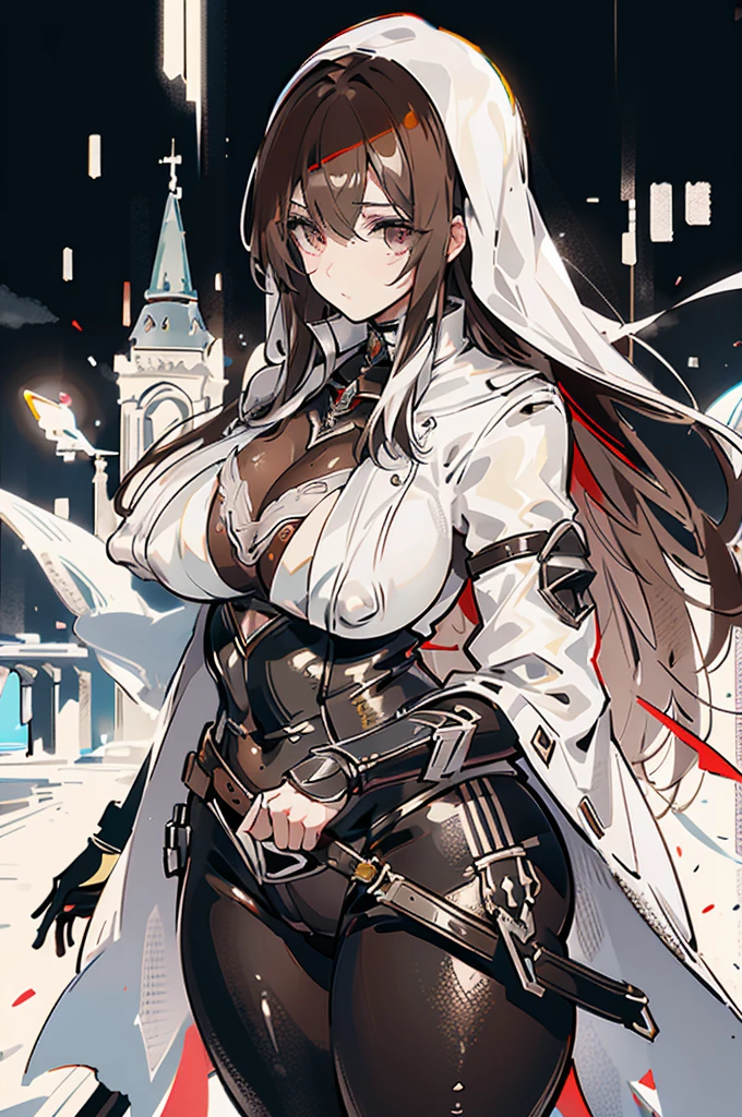 Moe anime illustration、high resolution、steampunk、female assassin、brown hair、white robes、Black Latex Bodysuit、assassins creed syndicate、London during the Industrial Revolution、close-up of a person