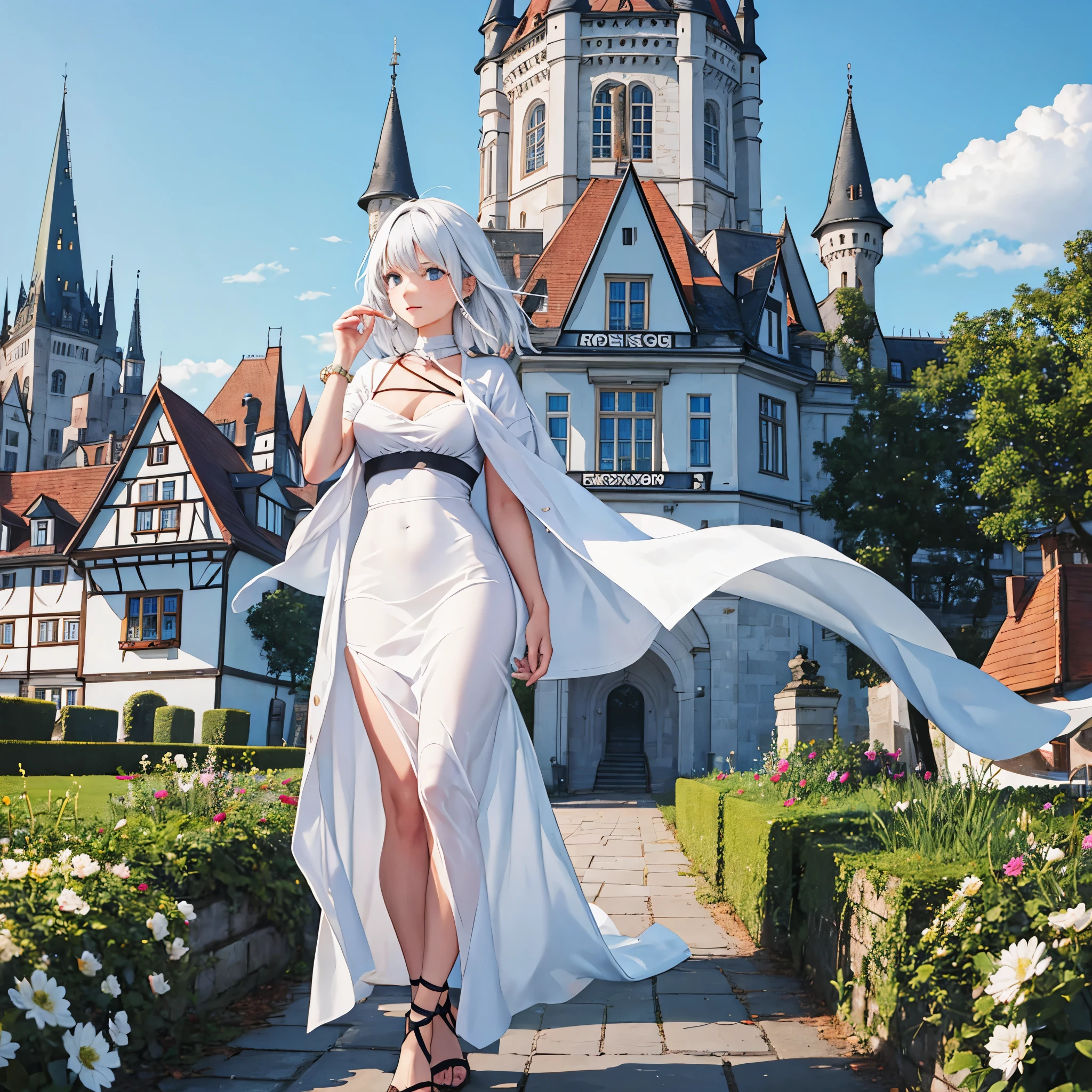 a woman in white sophisticated clothes in a German castle
