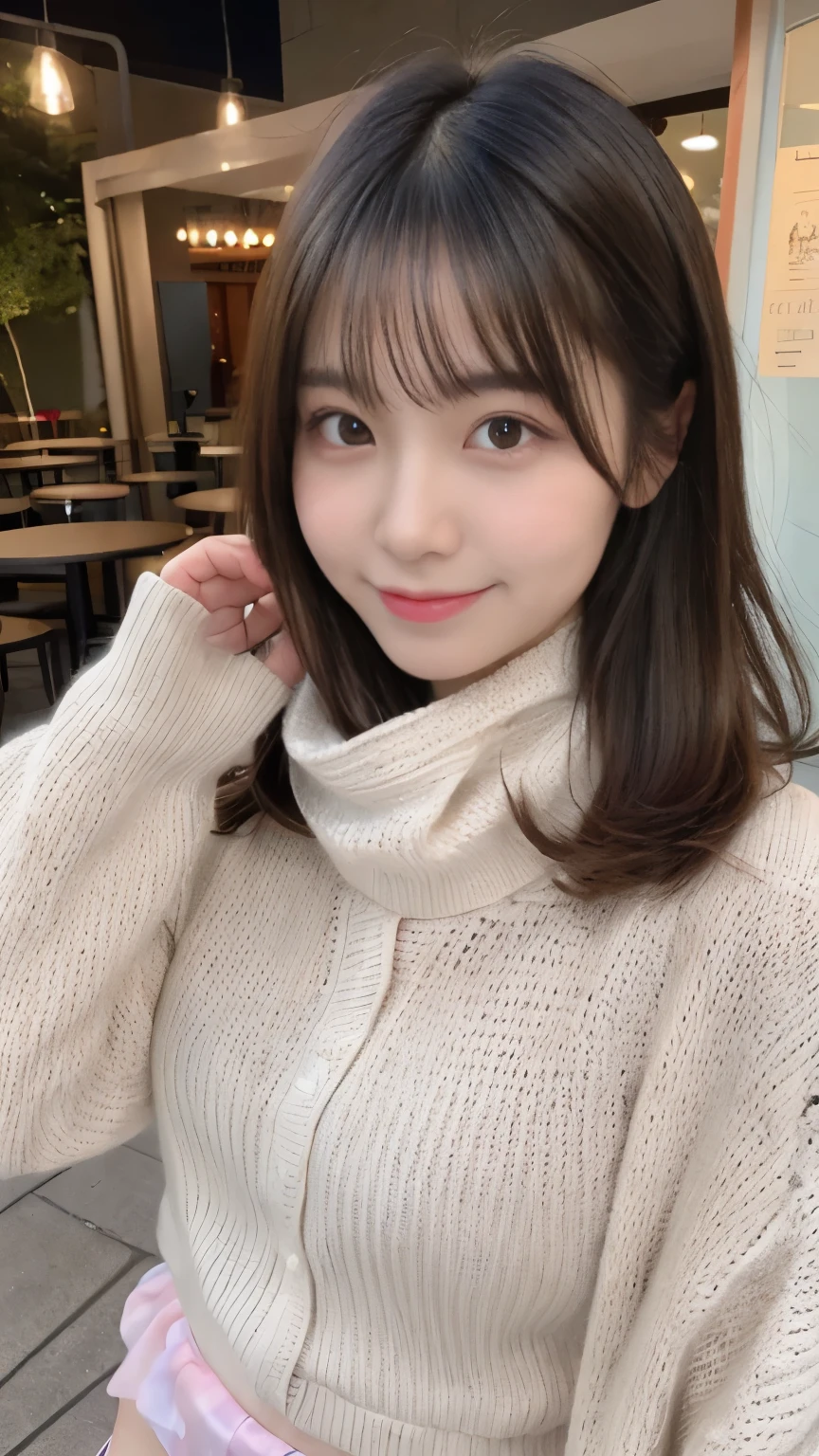 N.F.S.W.、highest quality、disorganized、super detailed、finely、High resolution、8k wallpaper、perfect dynamic composition、beautiful and fine eyes、Gorgeous knit Korean winter clothes、skirt、(skirtをたくし上げる)、(Show lace panties)、medium hair、bangs、big breasts、Scarf、natural color lip、bold sexy pose、smile、Cafe、Japanese、15 year old girl、cute、sexy shot looking at camera、Always blur the background、perfect and beautiful face,Take only the face、beautiful and detailed face、slim face and style