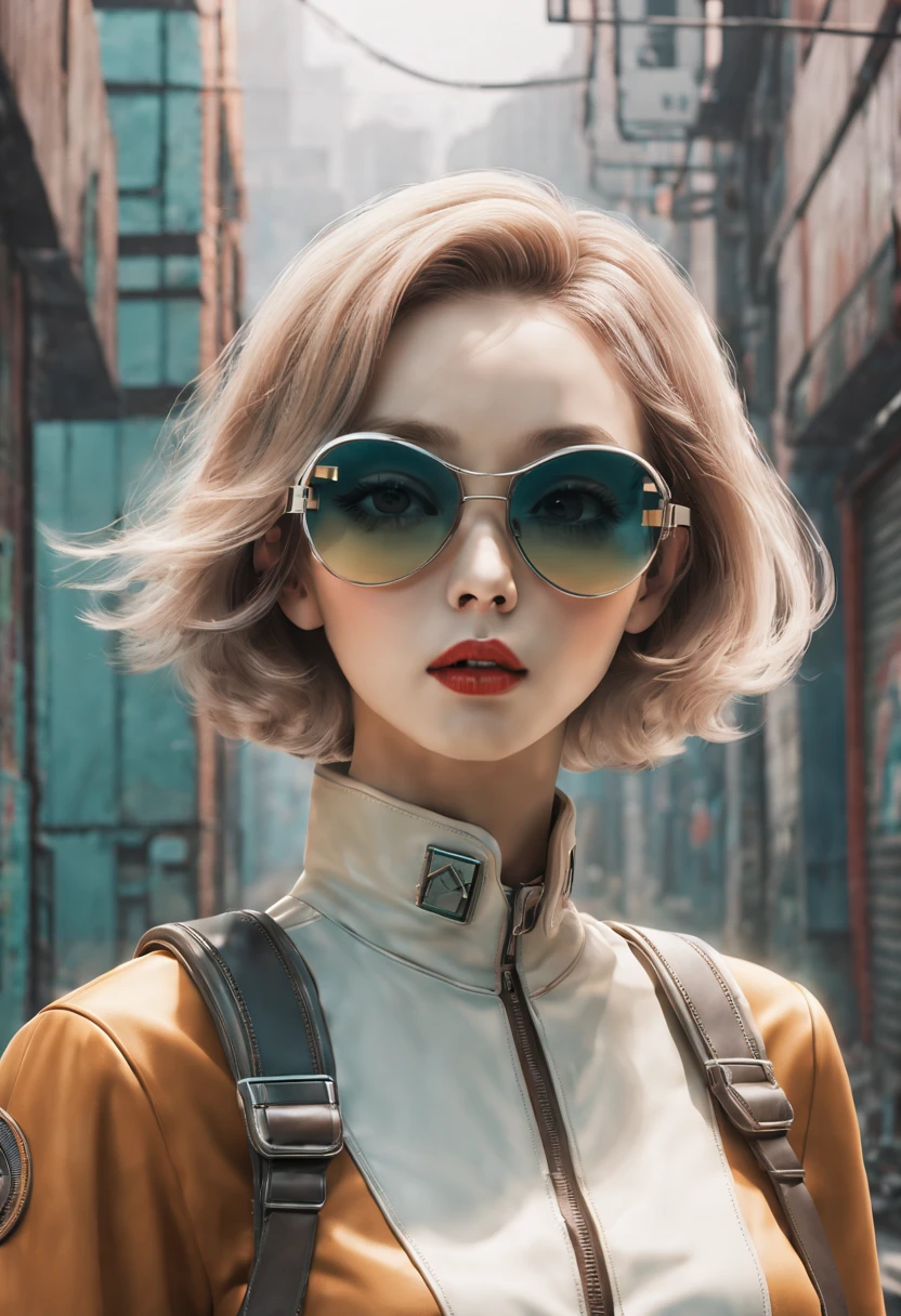 (best quality,4k,8k,masterpiece:1.2),Super fine,(lifelike,photorealism,照片lifelike度:1.37),In a foggy retro-futuristic landscape,Future retro female pilot。Her eyes are very delicate,Long eyelashes make her more charming。Soft, natural light illuminates her face,Highlighting her expressive lips,A faint smile on the lips。She wears stylish retro aviators,Windswept hair,confident posture。The landscape around her is filled with futuristic technology and nostalgic elements。metal surfaces,graffiti-covered walls,urban decay。The tones are pastel,Slightly tan,Add a retro feel。The lighting is carefully crafted,With a professional touch,Creates a sense of depth and realism。Clear focus reveals every intricate detail,A fusion of conceptual art and photography,Blending futuristic fantasy elements with tangible aspects of reality。This combination results in a unique and captivating visual experience。The overall color tone tends to be warmer,Slightly rusty and bronze,Gives the artwork an ancient and nostalgic feel。Cue encapsulates the essence of a retro-futuristic landscape,attention to detail、lifelike的渲染和艺术风格确保了一部视觉震撼和发人深省的masterpiece。