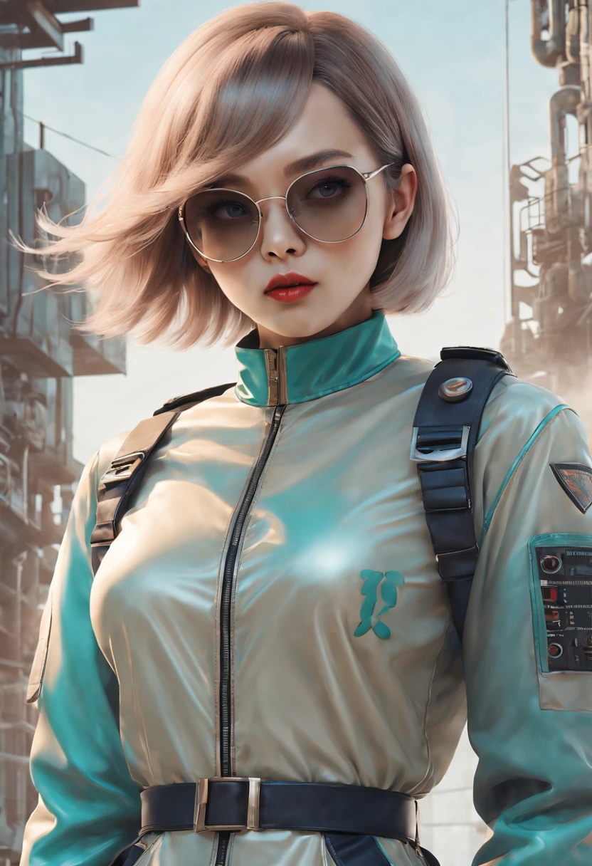 （best quality，4k，8k，masterpiece：1.2），Super fine，（lifelike，photorealism，照片lifelike度：1.37），In a foggy retro-futuristic landscape，Future retro female pilot。Her eyes are very delicate，Long eyelashes make her more charming。Soft, natural light illuminates her face，Highlighting her expressive lips，A faint smile on the lips。She wears stylish retro aviators，Windswept hair，confident posture。The landscape around her is filled with futuristic technology and nostalgic elements。metal surfaces，graffiti-covered walls，urban decay。The tones are pastel，Slightly tan，Add a retro feel。The lighting is carefully crafted，With a professional touch，Creates a sense of depth and realism。Clear focus reveals every intricate detail，A fusion of conceptual art and photography，Blending futuristic fantasy elements with tangible aspects of reality。This combination results in a unique and captivating visual experience。The overall color tone tends to be warmer，Slightly rusty and bronze，Gives the artwork an ancient and nostalgic feel。Cue encapsulates the essence of a retro-futuristic landscape，attention to detail、lifelike的渲染和艺术风格确保了一部视觉震撼和发人深省的masterpiece。