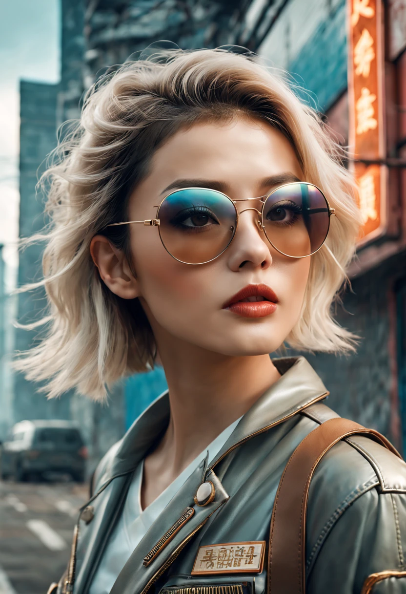 (best quality,4k,8k,masterpiece:1.2),Super fine,(lifelike,photorealism,照片lifelike度:1.37),In a foggy retro-futuristic landscape,Future retro female pilot。Her eyes are very delicate,Long eyelashes make her more charming。Soft, natural light illuminates her face,Highlighting her expressive lips,A faint smile on the lips。She wears stylish retro aviators,Windswept hair,confident posture。The landscape around her is filled with futuristic technology and nostalgic elements。metal surfaces,graffiti-covered walls,urban decay。The tones are pastel,Slightly tan,Add a retro feel。The lighting is carefully crafted,With a professional touch,Creates a sense of depth and realism。Clear focus reveals every intricate detail,A fusion of conceptual art and photography,Blending futuristic fantasy elements with tangible aspects of reality。This combination results in a unique and captivating visual experience。The overall color tone tends to be warmer,Slightly rusty and bronze,Gives the artwork an ancient and nostalgic feel。Cue encapsulates the essence of a retro-futuristic landscape,attention to detail、lifelike的渲染和艺术风格确保了一部视觉震撼和发人深省的masterpiece。
