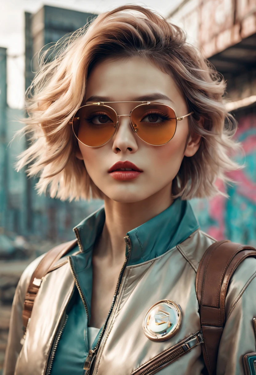 (best quality,4k,8k,masterpiece:1.2),Super fine,(lifelike,photorealism,照片lifelike度:1.37),In a foggy retro-futuristic landscape,Future retro female pilot。Her eyes are very delicate,Long eyelashes make her more charming。Soft, natural light illuminates her face,Highlighting her expressive lips,A faint smile on the lips。She wears stylish retro aviators,Windswept hair,confident posture。The landscape around her is filled with futuristic technology and nostalgic elements。metal surfaces,graffiti-covered walls,urban decay。The tones are pastel,Slightly tan,Add a retro feel。The lighting is carefully crafted,With a professional touch,Creates a sense of depth and realism。Clear focus reveals every intricate detail,A fusion of conceptual art and photography,Blending futuristic fantasy elements with tangible aspects of reality。This combination results in a unique and captivating visual experience。The overall color tone tends to be warmer,Slightly rusty and bronze,Gives the artwork an ancient and nostalgic feel。Cue encapsulates the essence of a retro-futuristic landscape,attention to detail、lifelike的渲染和艺术风格确保了一部视觉震撼和发人深省的masterpiece。