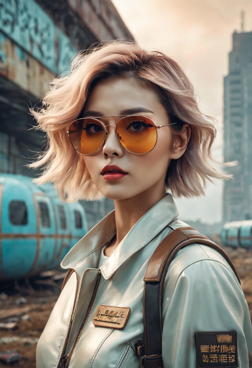 (best quality,4k,8k,masterpiece:1.2),Super fine,(lifelike,photorealism,照片lifelike度:1.37),In a foggy retro-futuristic landscape,Future retro female pilot。Her eyes are very delicate,Long eyelashes make her more charming。Soft, natural light illuminates her face,Highlighting her expressive lips,A faint smile on the lips。She wears stylish retro aviators,Windswept hair,confident posture。The landscape around her is filled with futuristic technology and nostalgic elements。metal surfaces,graffiti-covered walls,urban decay。The tones are pastel,Slightly tan,Add a retro feel。The lighting is carefully crafted,With a professional touch,Creates a sense of depth and realism。Clear focus reveals every intricate detail,A fusion of conceptual art and photography,Blending futuristic fantasy elements with tangible aspects of reality。This combination results in a unique and captivating visual experience。The overall color tone tends to be warmer,Slightly rusty and bronze,Gives the artwork an ancient and nostalgic feel。Cue encapsulates the essence of a retro-futuristic landscape,attention to detail、lifelike的渲染和艺术风格确保了一部视觉震撼和发人深省的masterpiece。
