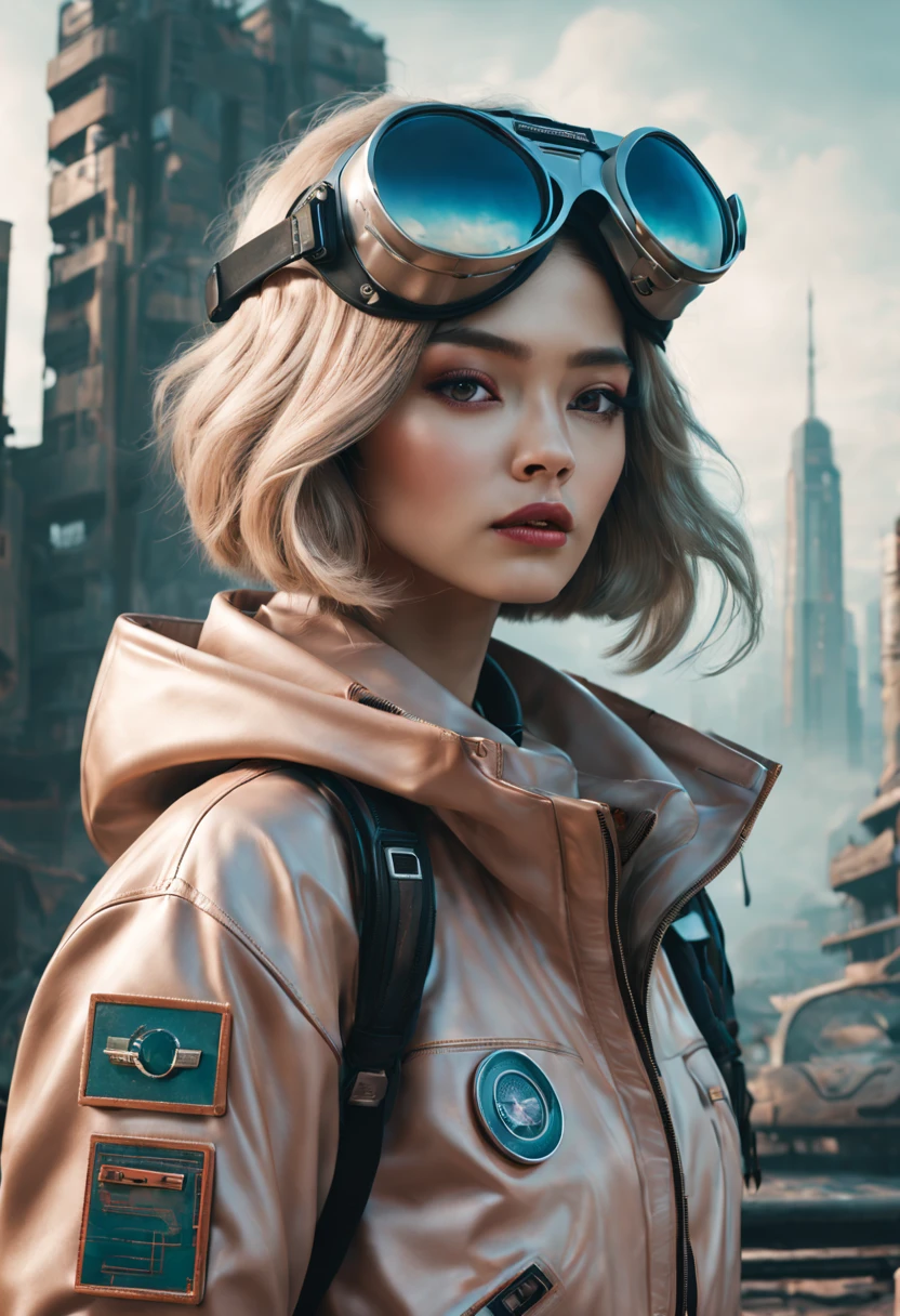 (best quality,4k,8k,masterpiece:1.2),Super fine,(lifelike,photorealism,照片lifelike度:1.37),In a foggy retro-futuristic landscape,Future retro female pilot。Her eyes are very delicate,Long eyelashes make her more charming。Soft, natural light illuminates her face,Highlighting her expressive lips,A faint smile on the lips。She wears stylish retro aviators,Windswept hair,confident posture。The landscape around her is filled with futuristic technology and nostalgic elements。metal surfaces,graffiti-covered walls,urban decay。The tones are pastel,Slightly tan,Add a retro feel。The lighting is carefully crafted,With a professional touch,Creates a sense of depth and realism。Clear focus reveals every intricate detail,A fusion of conceptual art and photography,Blending futuristic fantasy elements with tangible aspects of reality。This combination results in a unique and captivating visual experience。The overall color tone tends to be warmer,Slightly rusty and bronze,Gives the artwork an ancient and nostalgic feel。Cue encapsulates the essence of a retro-futuristic landscape,attention to detail、lifelike的渲染和艺术风格确保了一部视觉震撼和发人深省的masterpiece。