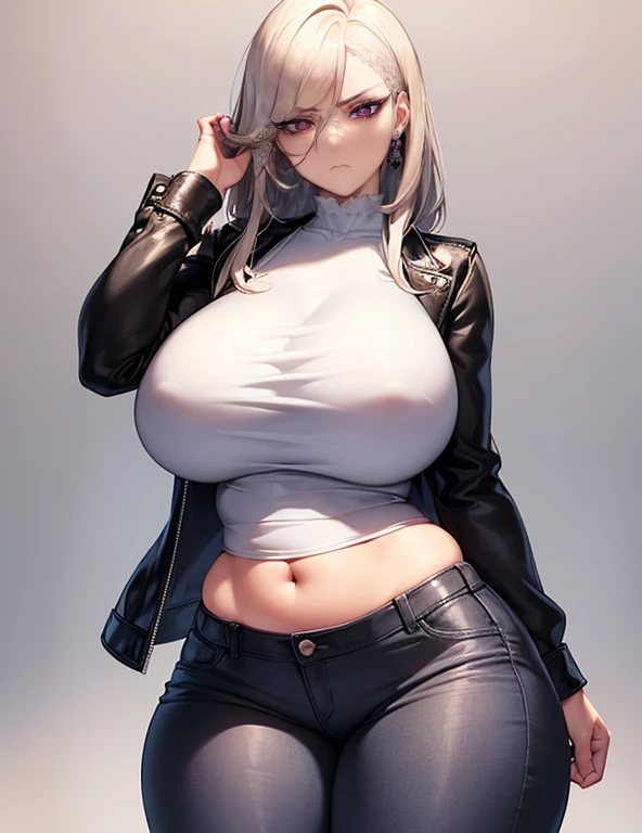 (Best quality, 4k, Masterpiece :1.3, 8k, ultra-detailed, ultra-masterpiece), mature pretty woman, ultra-detailed face, detailed lips, full lips, detailed eyes, double eyelid, wide hips, thick thighs, smooth skin, (big breasts:1.4), round breasts, symmetrical breasts, fake breasts, white hair, red eyes, ((thicc body)), tall, ((huge breasts)), casual outfit, skinny jeans and a black leather jacket over a white tank top, (Looking with disgust:1.3), (Look of disapproval, look of disgust)