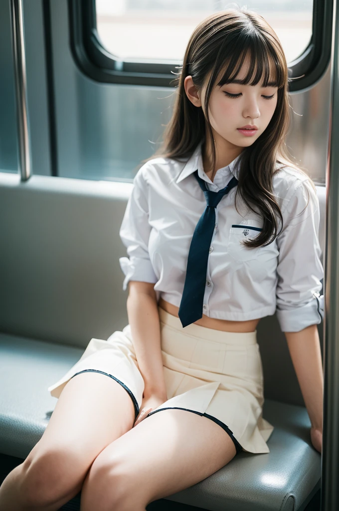 (realistic:1.3), face with shadow, Depth of bounds written, school uniform, 
beautiful detailed illustrations,great art,(((very detailed))),
1 girl sitting,bangs,high school girl,sleep,close your eyes,white panties,skirt,
cowboy shot,From before
,(((very detailed))),on the train，ミニskirt, I can see her panties，