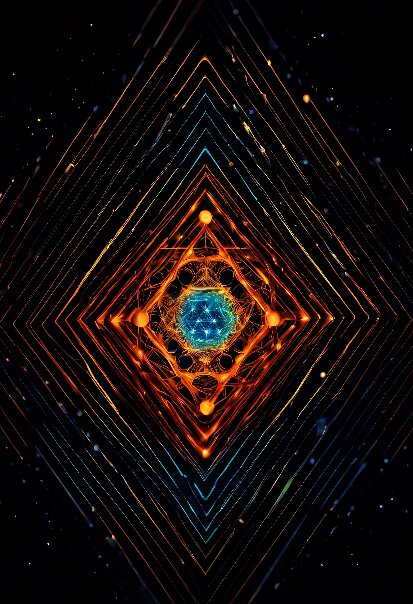 The Metatron's Cube is a sacred geometric symbol representing the complex interconnections and patterns of the universe. It consists of intersecting circles and lines, forming a three-dimensional cube-like structure. In this prompt, we will create a detailed and high-quality visual representation of the Metatron's Cube. 

(detailed, intricate, precise) Metatron's Cube, (sharp lines, symmetrical geometry), (intricate, interwoven circles and lines), (complex, multi-dimensional structure), (best quality, 4k, highres), (vivid colors, vibrant hues), (soft lighting, gentle illumination), (mystical, mesmerizing, enchanting) art style, (sacred, spiritual, transcendental) symbolism, (perfect harmony, balanced composition).

[Abstract, minimalistic] background setting, [glowing stars and galaxies] in the distance, [subtle, ethereal mist] surrounding the cube, [sublime, celestial atmosphere], [delicate, intricate patterns] emerging from the cube's structure, [sublime, otherworldly energy] resonating from within, [translucent, shimmering glass-like materials] reflecting and refracting light, [transcendent, ethereal] beings gracefully interacting with the cube, [magical, geometric fractals] emanating from the cube.

(mysterious, intricate) textures, (crystal clear clarity), (fine, impeccable details), (dimensional depth), (subtle nuances in shading), (masterful craftsmanship), (captivating sense of awe and wonder), (impressive, unique perspective), (extraordinary, mind-bending) visual complexity.

Let the image showcase the beauty and transcendent nature of the Metatron's Cube, capturing its intricate geometry and spiritual essence in a visually stunning and awe-inspiring way.