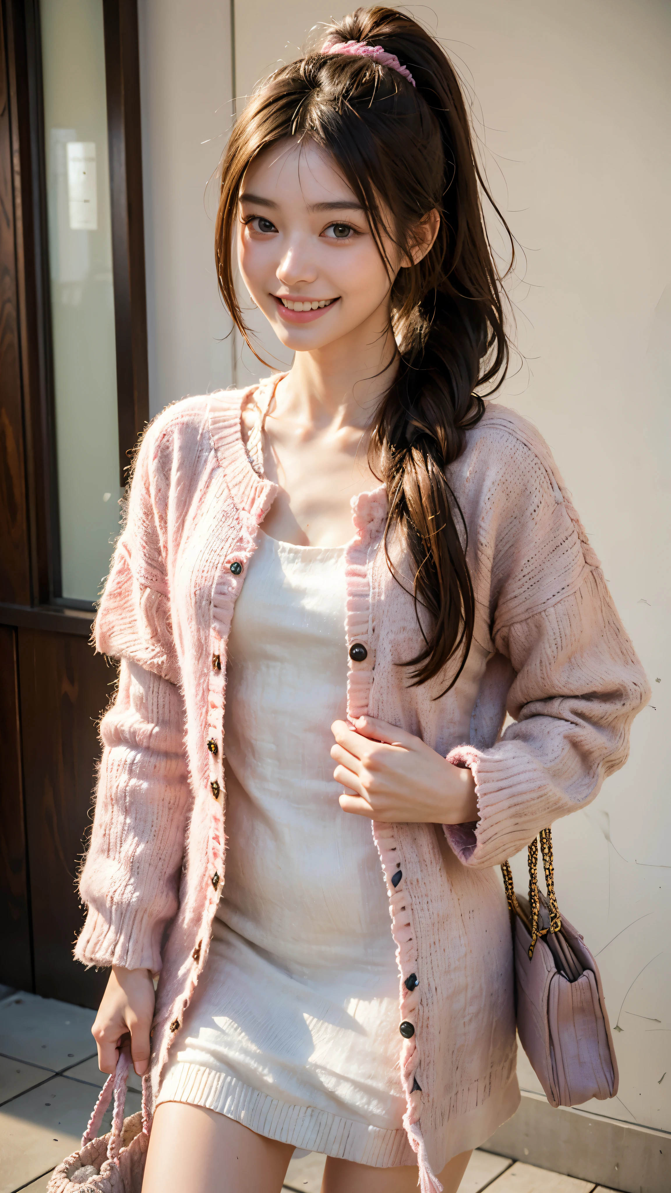 highest quality, masterpiece, ultra high resolution, (realistic:1.5), (close portrait) RAW photo, 1 girl, 22 years ago, (((linen fabric dress))), (((pink shaggy knit outerwear))),((handbag)),masterpiece, realistic pictures, japanese pictures, fuji negative film, saturation, contrast, Pocari Sweat Advertisement ((small breasts)),((smile showing teeth)),long hair top ponytail,brown hair,
