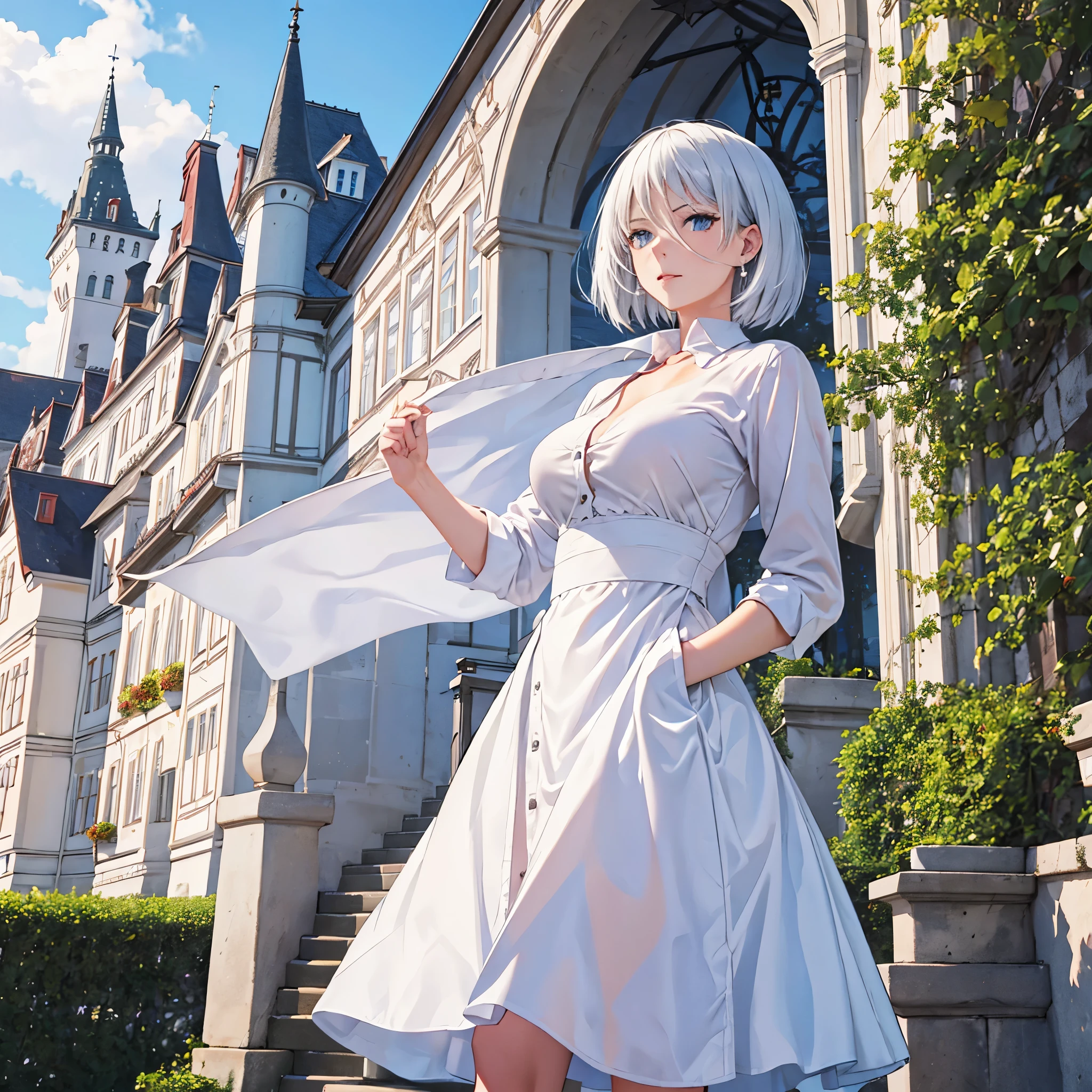 a woman with sophisticated white clothes, short hair in a German castle