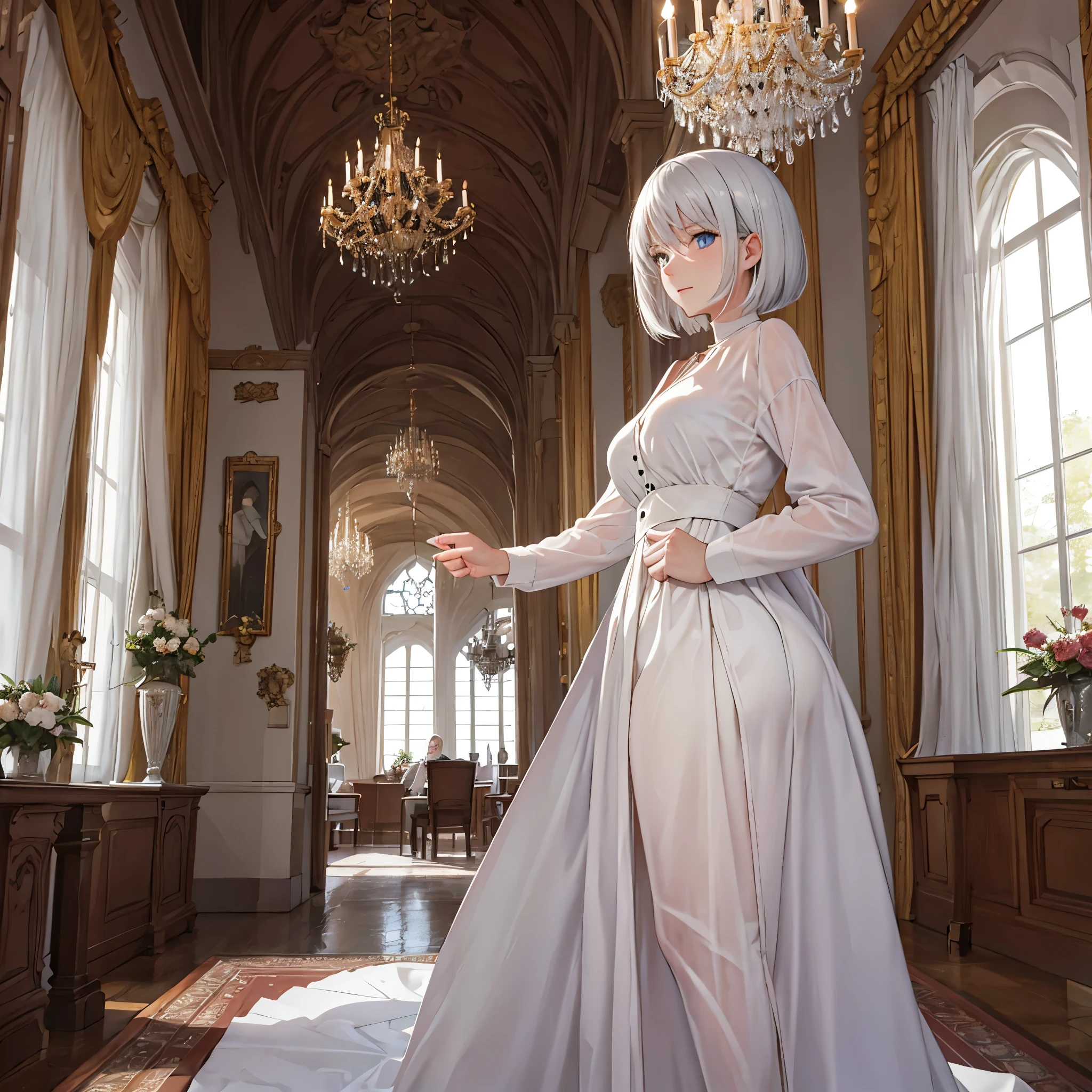 a woman with sophisticated white clothes, short hair in a German castle