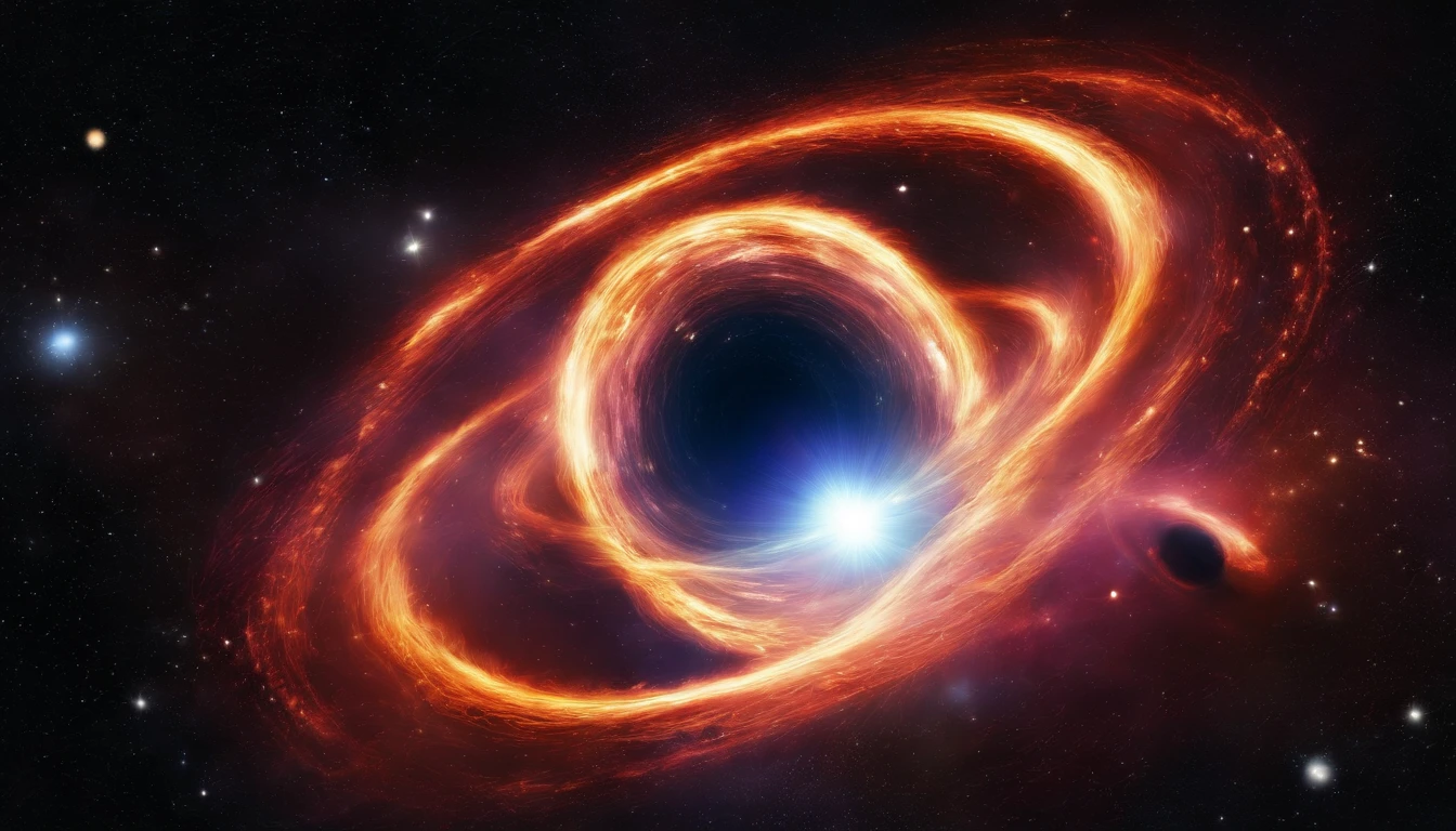 black hole at the center of the picture, rings of lights around it, the middle of the black hole is dark