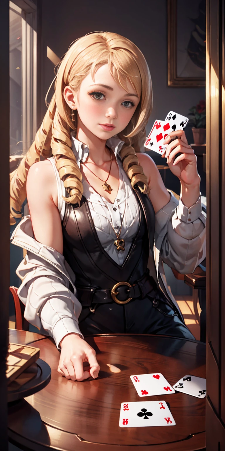 Highly detailed, High Quality, Masterpiece, beautiful, PlayingCards, 1slave girl, solo, holding, card, table, holding card, sitting, indoors, playing card, pov across table, closed mouth, looking at viewer, Forrest, Blonde hair, jacket on shoulders, necklace, big pendant, sleeveless shirt, millennium puzzle
