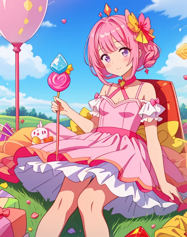 scepter, lots of Candies, Lollipops, Candiescanes, Rainbow, Candies, (a field of Candies), 1 girl, sugar queen, Pink dress, a Sceptor of Candies