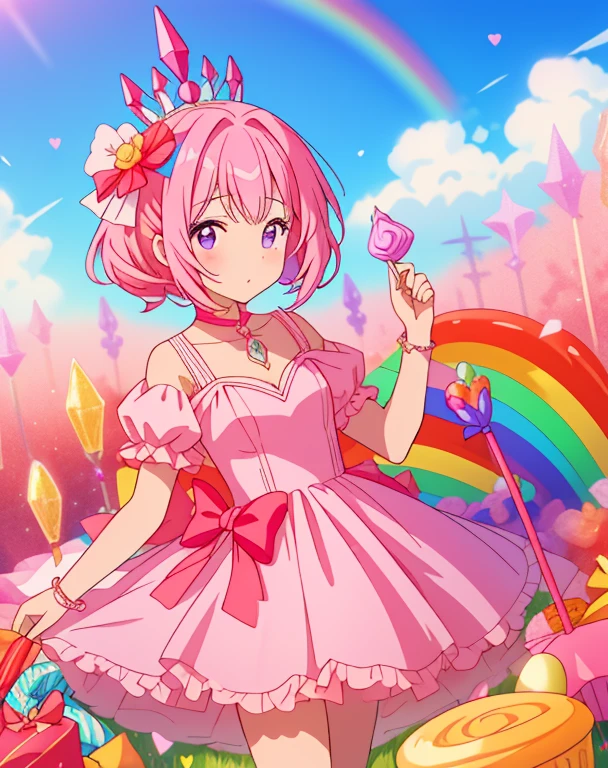 scepter, lots of Candies, Lollipops, Candiescanes, Rainbow, Candies, (a field of Candies), 1 girl, sugar queen, Pink dress, a Sceptor of Candies