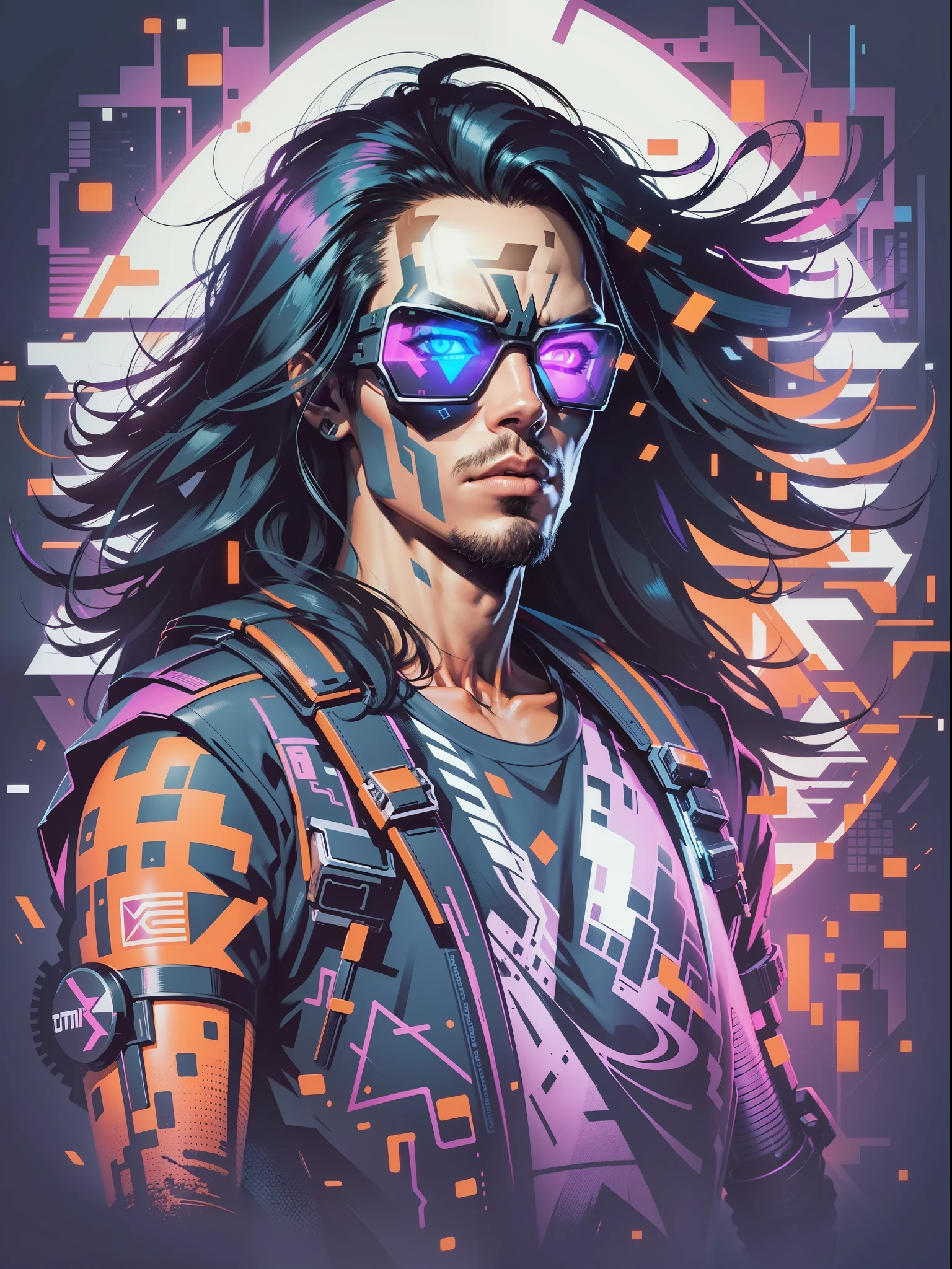 graphic design t-shirt, flat design, futuristic cyberpunk Johnny silverhand in mix of tones, topless,, topless, flashing , big , metal skin, laser beams, purple emissive eyes, colorful tones, clean highly detailed, vector image, smoke explosion, simple background, flat white background, bright vector ((white background) )