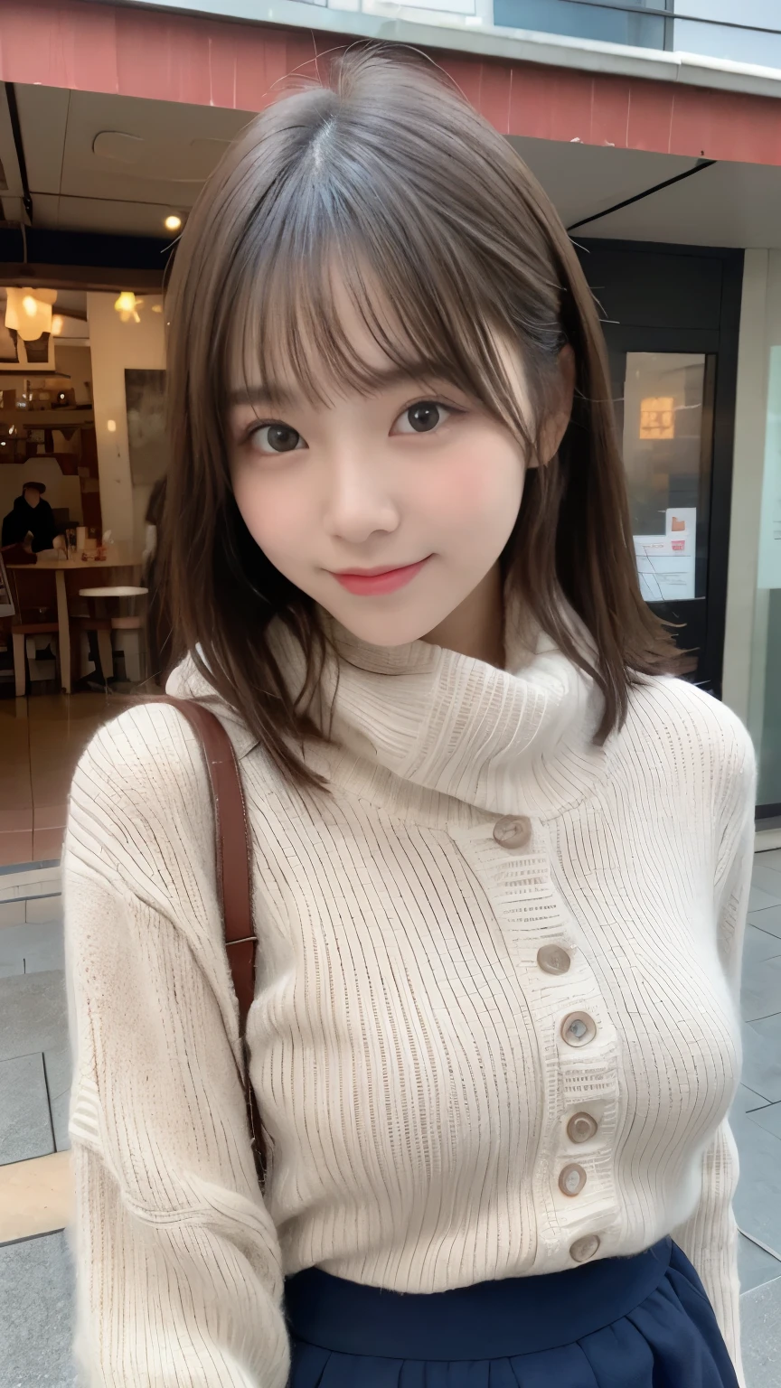 N.F.S.W.、highest quality、disorganized、super detailed、finely、High resolution、8k wallpaper、perfect dynamic composition、beautiful and fine eyes、Gorgeous knit Korean winter clothes、skirt、(skirtをたくし上げる)、(Show lace panties)、medium hair、bangs、big breasts、Scarf、natural color lip、bold sexy pose、smile、Cafe、Japanese、15 year old girl、cute、sexy shot looking at camera、Always blur the background、perfect and beautiful face,Take only the face、beautiful and detailed face、slim face and style