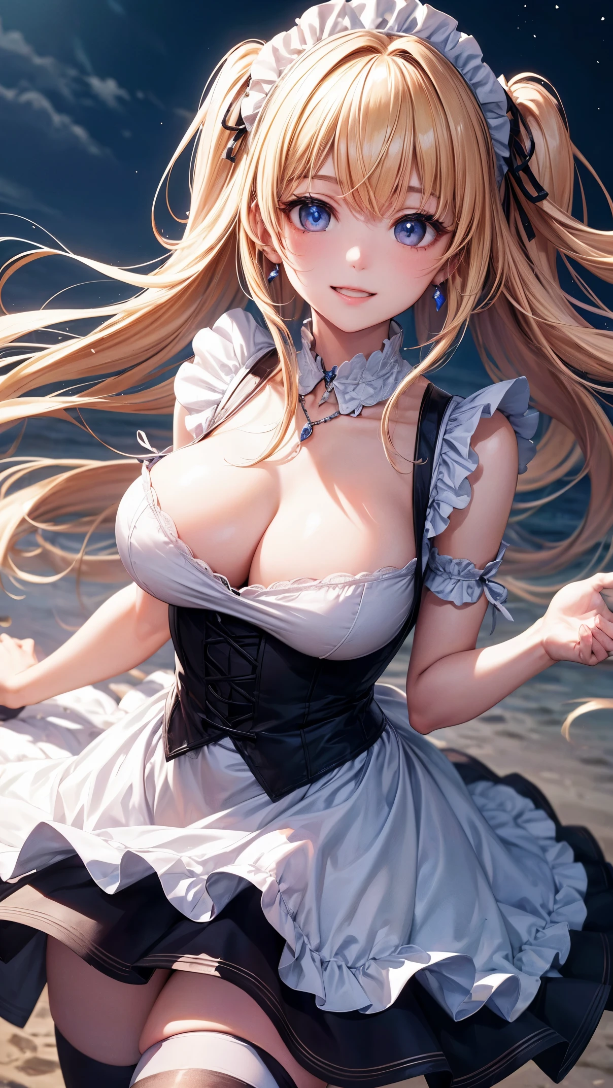 ((highest quality、High resolution、8K、masterpiece:1.3))、dynamic angle、I can see the whole body、wallpaper、1 girl、unparalleled beauty、ultimate beauty、super detailed face、delicate eyes、smile shyly、sexy look、looking at the camera、Depth of bounds written、light particles、side light、long hair、blonde、Maid outfit decorated with jewels、(Holding down the skirt with both hands)、(The wind flips up the skirt and reveals the panties.)、Open chest、big breasts、cleavage、Thighhighs、thighs、slim、slender、Old castle at night