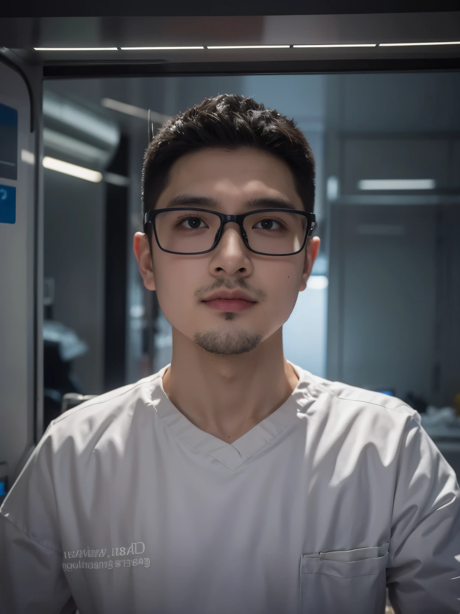 Around 18 years old,Handsome male doctor,Operating room in the background,High Picture Quality,hyper-detailing,Aircraft inches,No beards and moles,The hairstyle is clean and neat。Hair stands straight and clear,Do not bend。