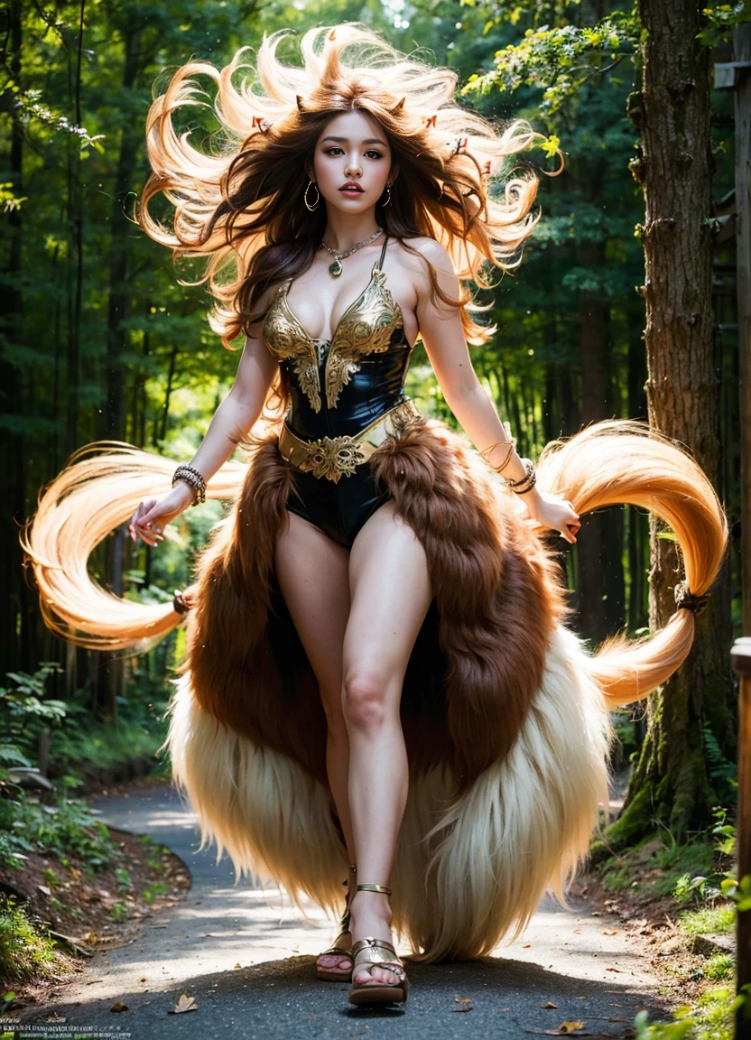 epic of fantasy, A creature upper body like girl 20y, wear jewelry, brown long hair. and lower body like lionness, have lion leg fur, two feet lion. surrounded by swirling energy, with a mystical aura and smoke, in forest heaven, shot with a Canon 5D mark iv, 50mm lens, ISO 200, 1/60 shutter speed