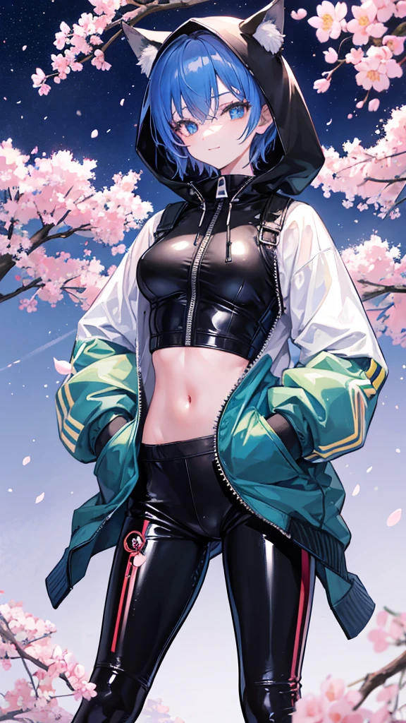 masterpiece,highest quality,fox boyish girl,He is wearing a large oversized hoodie and has his hands in his pockets.,wearing long black tights,These latex pants have a zipper and the zipper is open.,very clear light blue eyes,short hair,Moe sleeves,Image color is pistachio color,small breasts,cherry blossoms,night,I can see your stomach,smiling