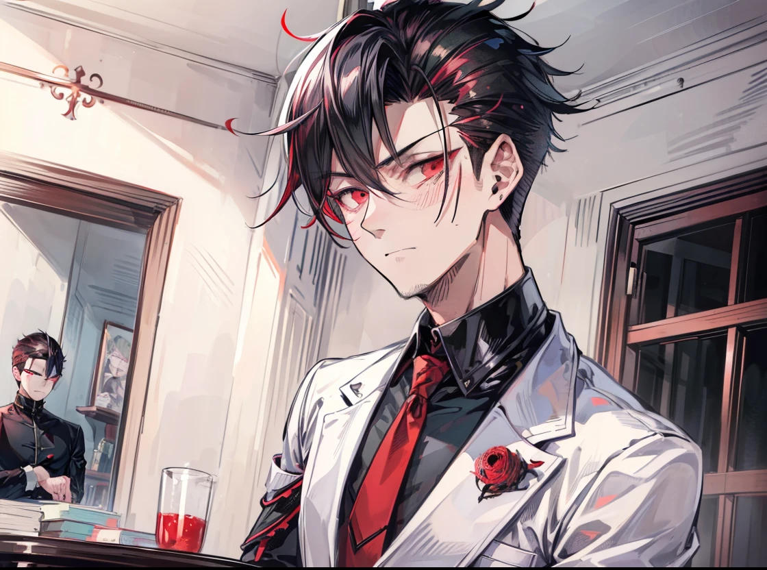 (flat color:1.1),(masterpiece:1.2), best quality, masterpiece, original, black spiked hair, short hair, (handsome mature man:1.5), (handsome man with red eyes looking at camera with a blushing expression:1.2), (1man:1.5), (dark eyebags:1.2), blushing expression, (yandere:1.3), dark mood, dark atmosphere