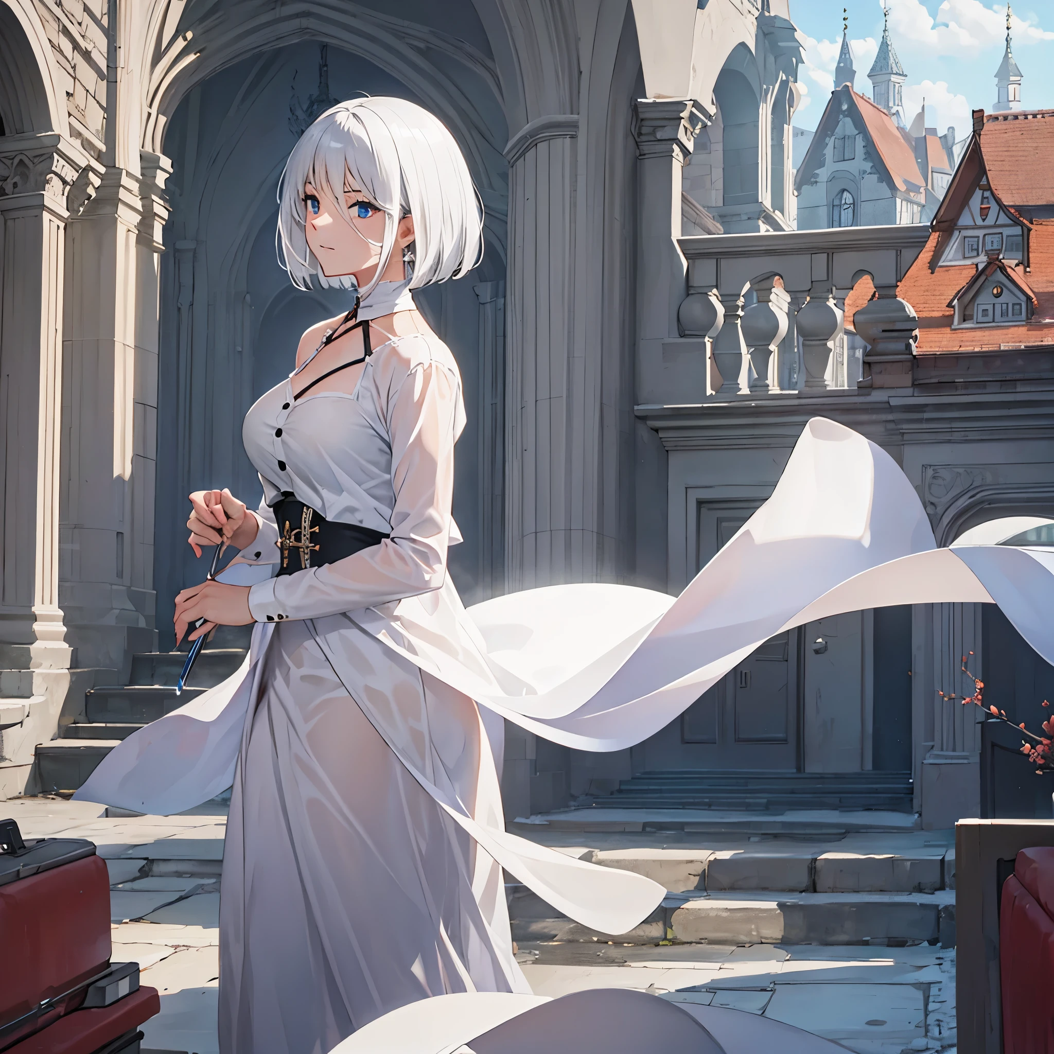 a woman with sophisticated white clothes, short hair in a German castle