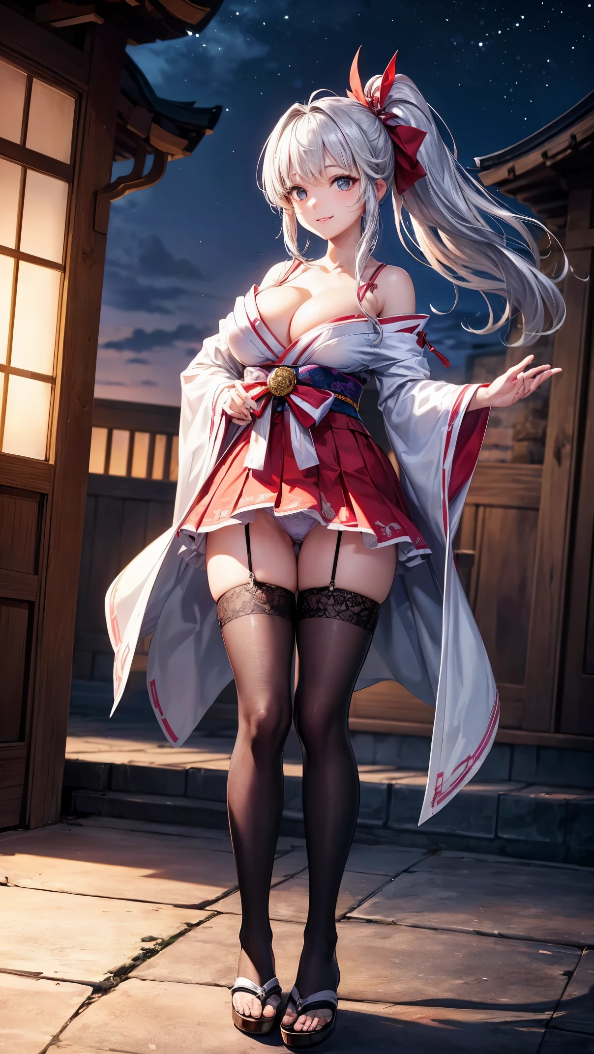 ((highest quality、High resolution、8K、masterpiece:1.3))、dynamic angle、I can see the whole body、wallpaper、1 girl、unparalleled beauty、ultimate beauty、super detailed face、delicate eyes、smile shyly、sexy look、looking at the camera、Depth of bounds written、light particles、side light、ponytail、silver hair、shrine maiden、Red and white kimono、Haori、(Holding down the skirt with both hands)、(The wind flips up the skirt and reveals the panties.)、Open chest、big breasts、cleavage、Thighhighs、thighs、slim、slender、Old castle at night