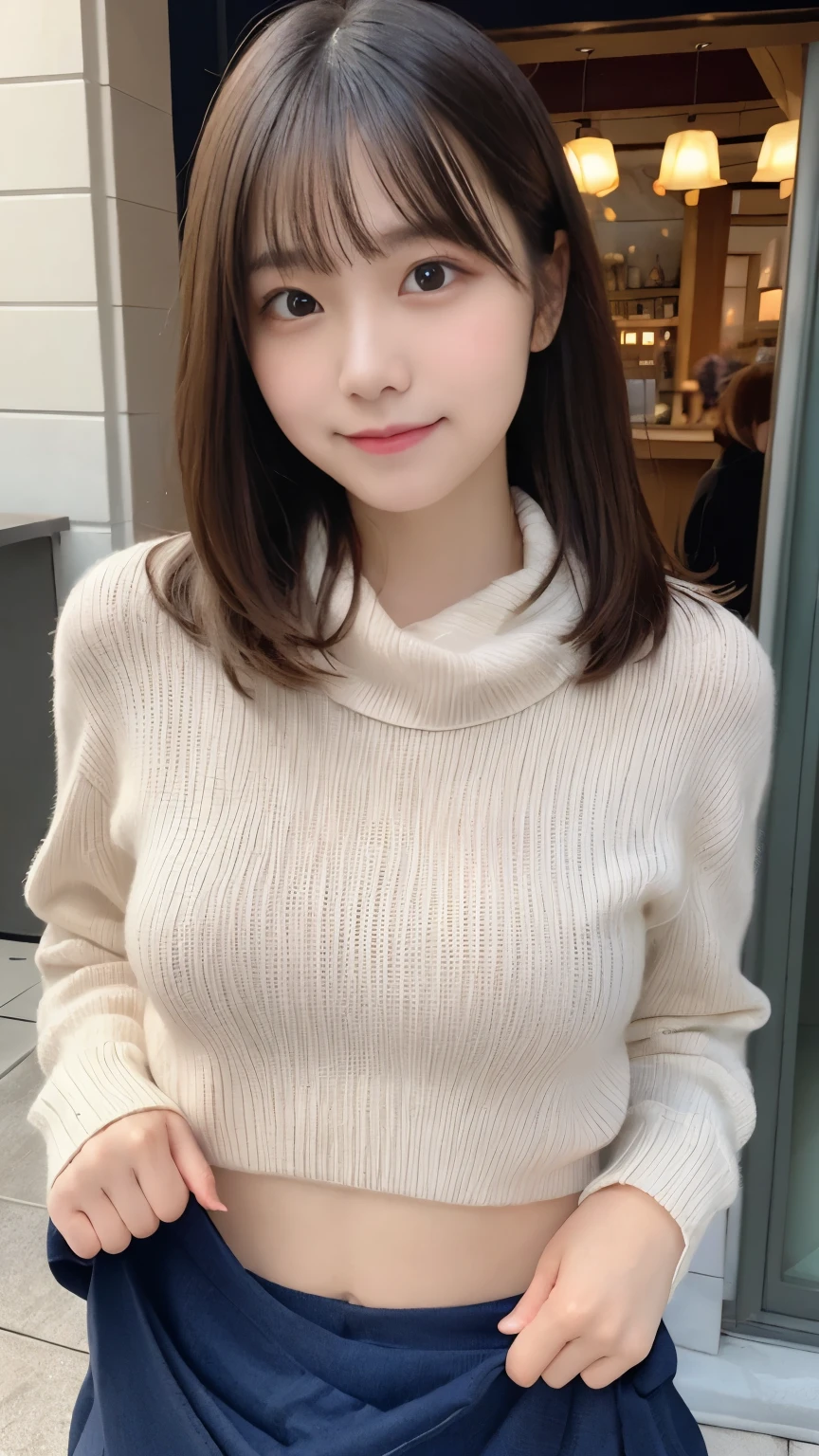  N.F.S.W.、highest quality、disorganized、super detailed、finely、High resolution、8k wallpaper、perfect dynamic composition、beautiful and fine eyes、Gorgeous knit Korean winter clothes、skirt、(skirtをたくし上げる)、(Show lace panties)、medium hair、bangs、big breasts、Scarf、natural color lip、bold  pose、smile、Cafe、Japanese、15 year old girl、cute、sexyt looking at camera、Always blur the background、perfect and beautiful face,Take only the face、beautiful and detailed face、slim face and style