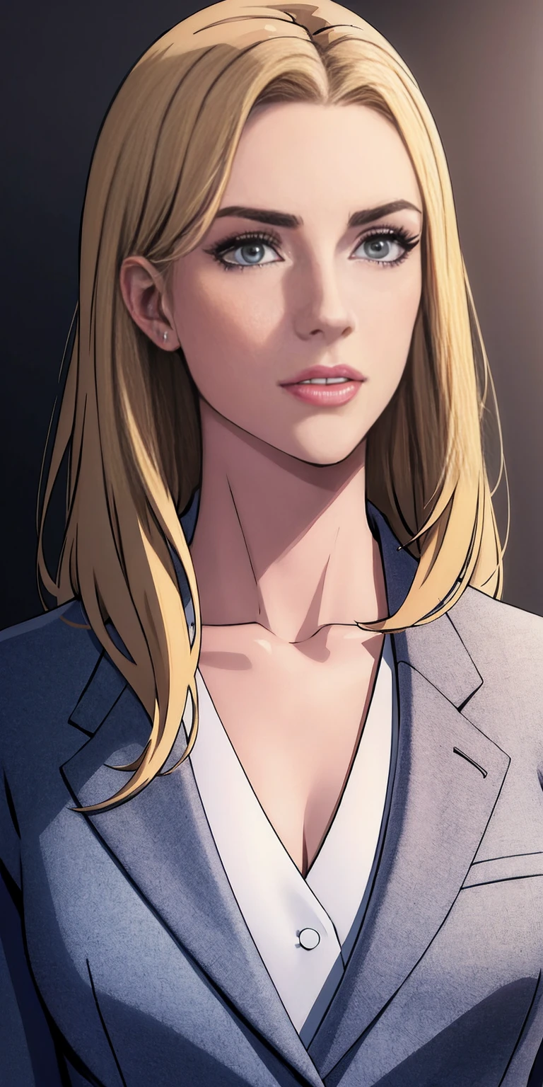 (masterpiece, top quality, best quality, official art, beautiful and aesthetic:1.2), (1girl:1.3), (gorgeous face), light freckles, fair skin, brown hair, extremely detailed, portrait, looking at viewer, solo, (full body:0.6), grey background, (a 35 year old woman) white skin, beautiful Norweigan woman Aldiana Solamar, solo, 1 girl, portrait, blonde hair, super detailed, modern business style, black blazer, direct look, contoured, upper body portrait, skinny, slim, small breasts,