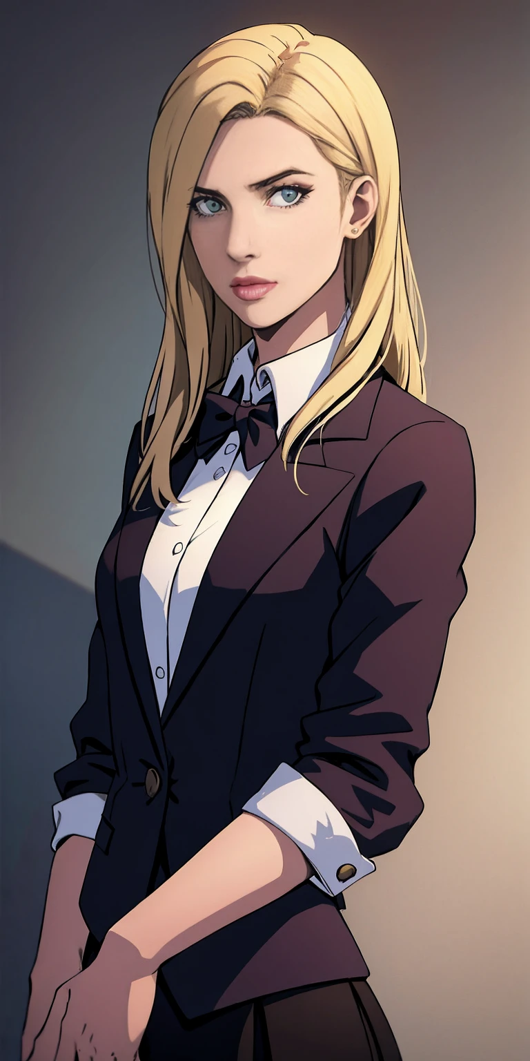 (masterpiece, top quality, best quality, official art, beautiful and aesthetic:1.2), (1girl:1.3), (gorgeous face), light freckles, fair skin, brown hair, extremely detailed, portrait, looking at viewer, solo, (full body:0.6), grey background, (a 35 year old woman) white skin, beautiful Norweigan woman Aldiana Solamar, solo, 1 girl, portrait, blonde hair, super detailed, modern business style, black blazer, direct look, contoured, upper body portrait, skinny, slim, small breasts,