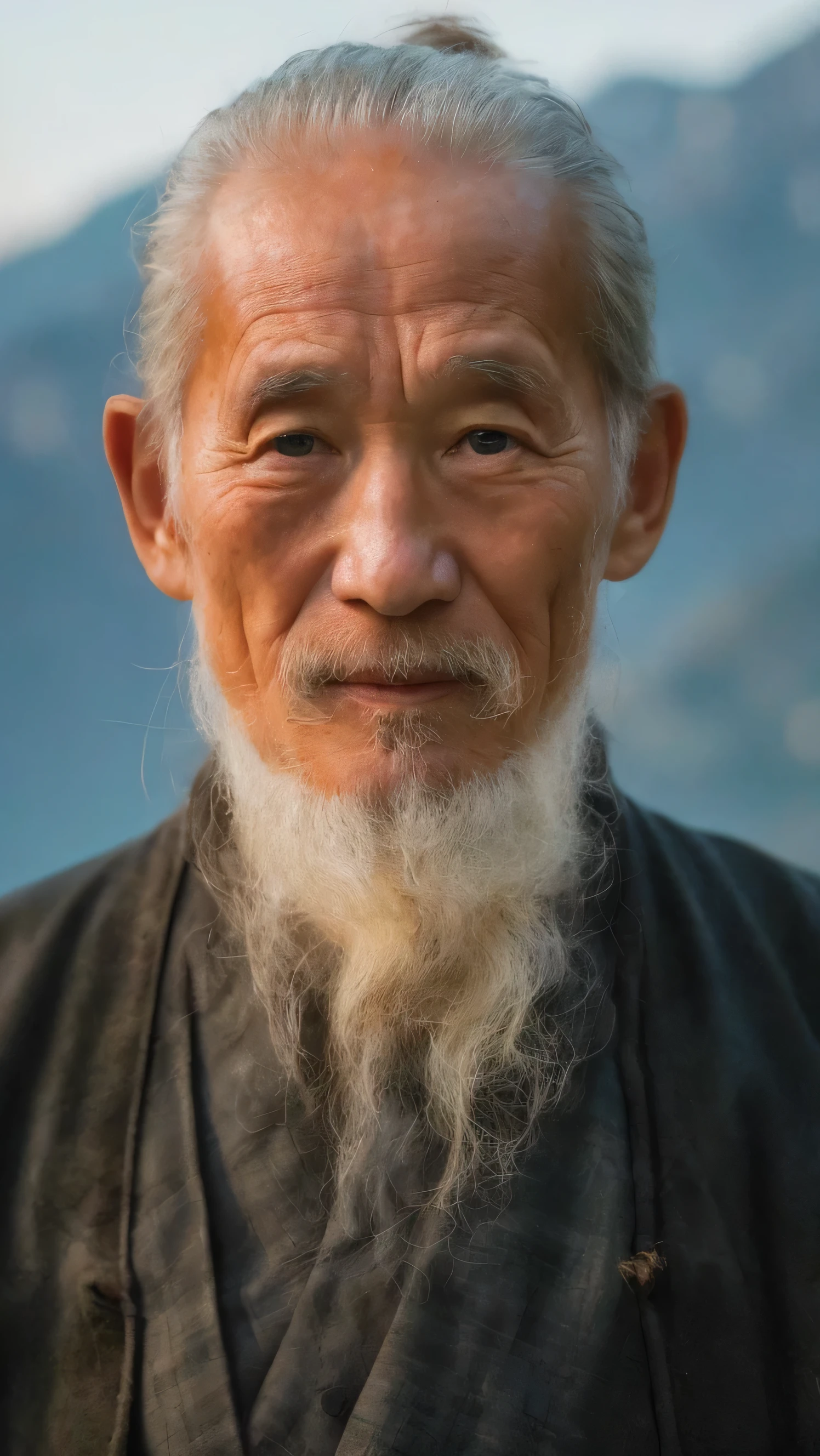 an old man in a robe，close up，close shot，under the scenery，soft sunshine，4K resolution，bright colors，Detailed image quality，HD details，Japanese photography，face camera
