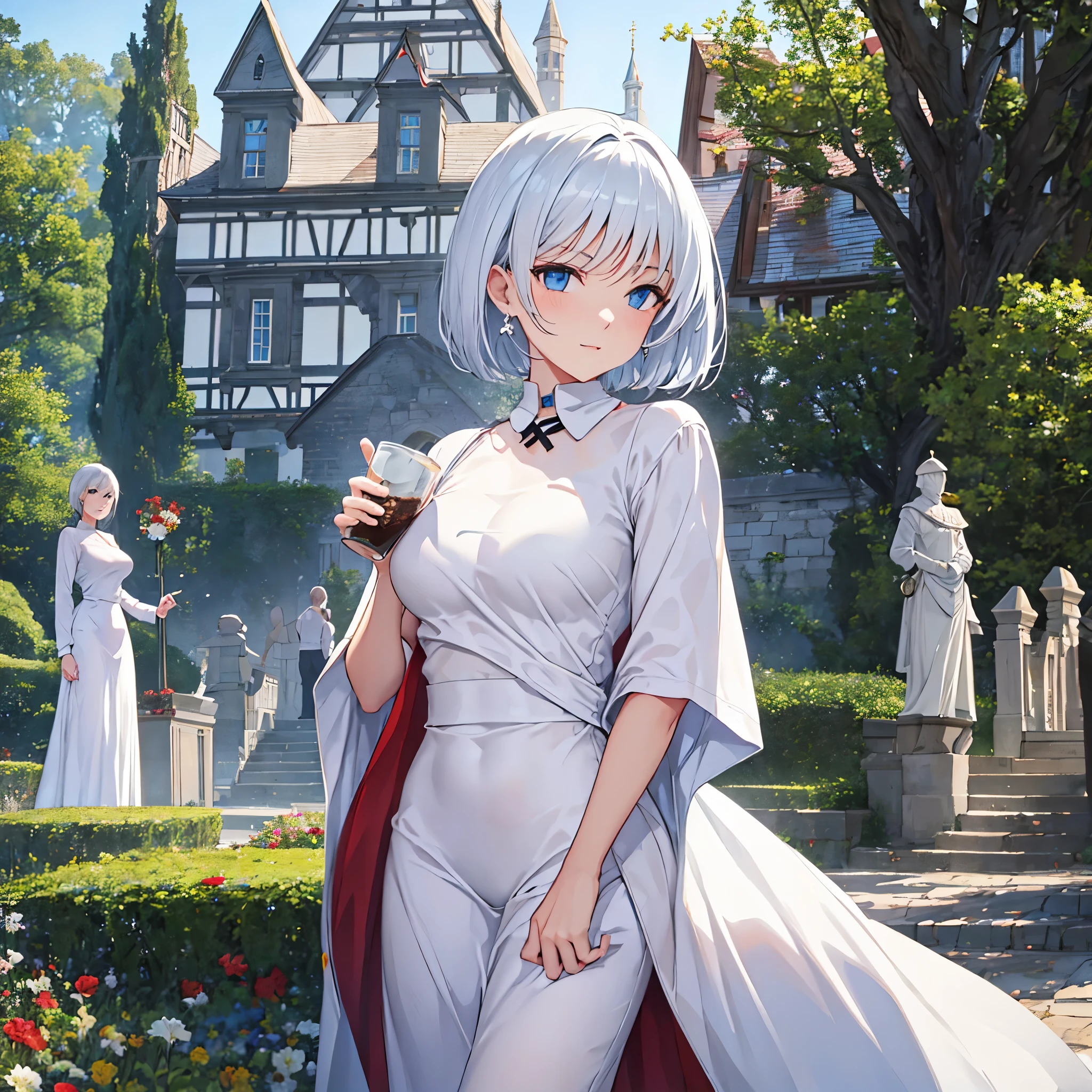 a woman with sophisticated white clothes, short hair in a German castle