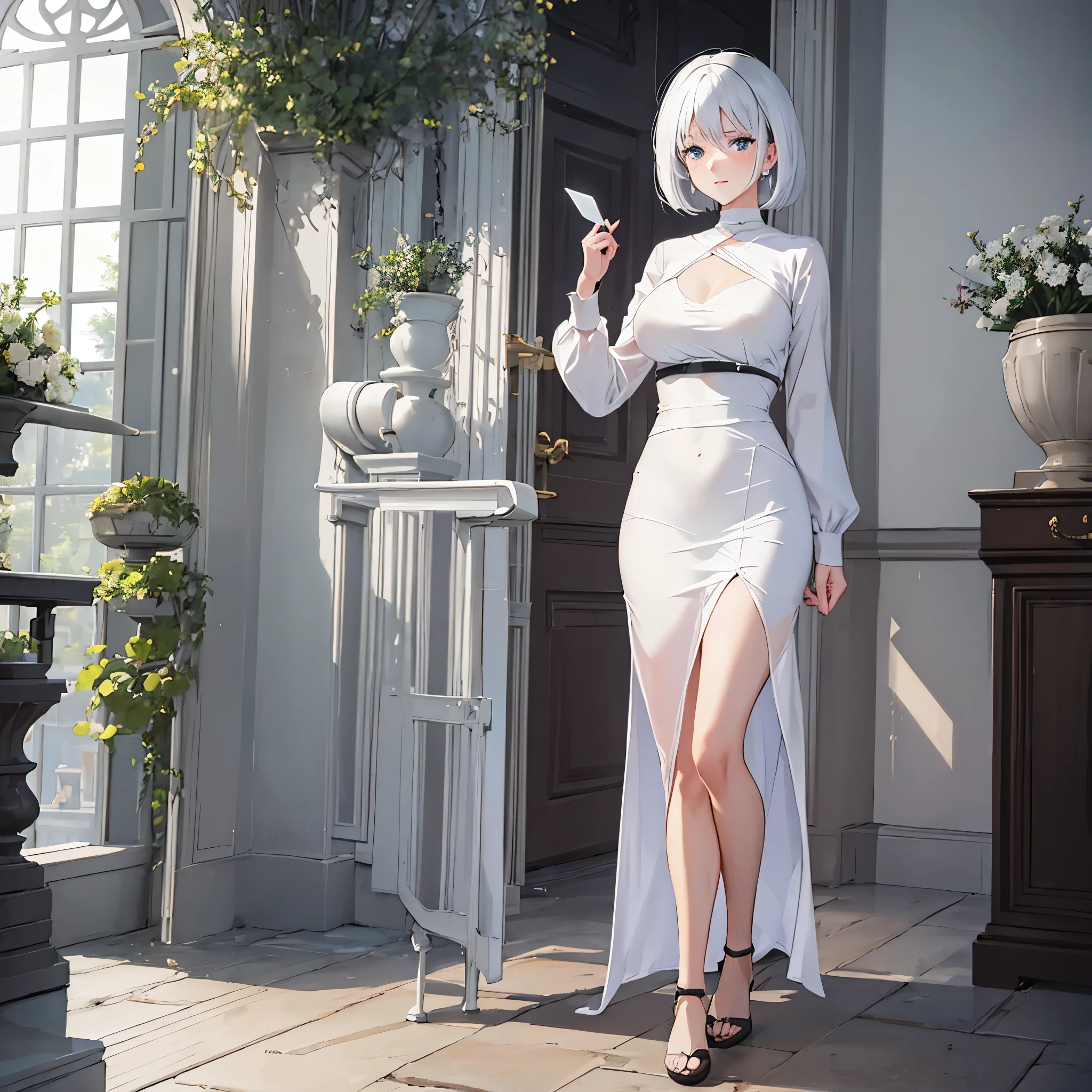 a woman with sophisticated white clothes, short hair in a German castle