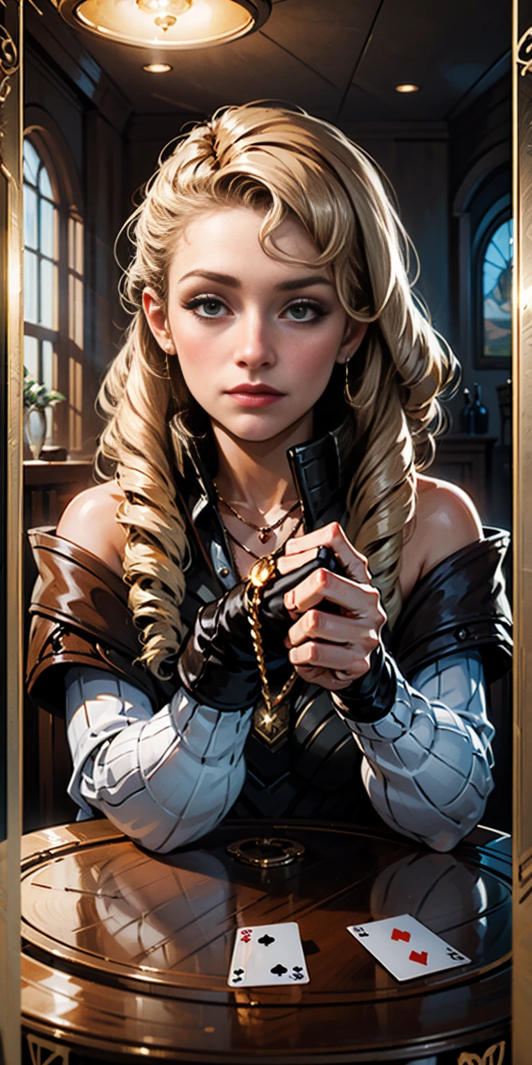 Highly detailed, High Quality, Masterpiece, beautiful, PlayingCards, 1slave girl, solo, holding, card, table, holding card, sitting, indoors, playing card, pov across table, closed mouth, looking at viewer, Forrest, Blonde hair, jacket on shoulders, necklace, big pendant, sleeveless shirt, millennium puzzle