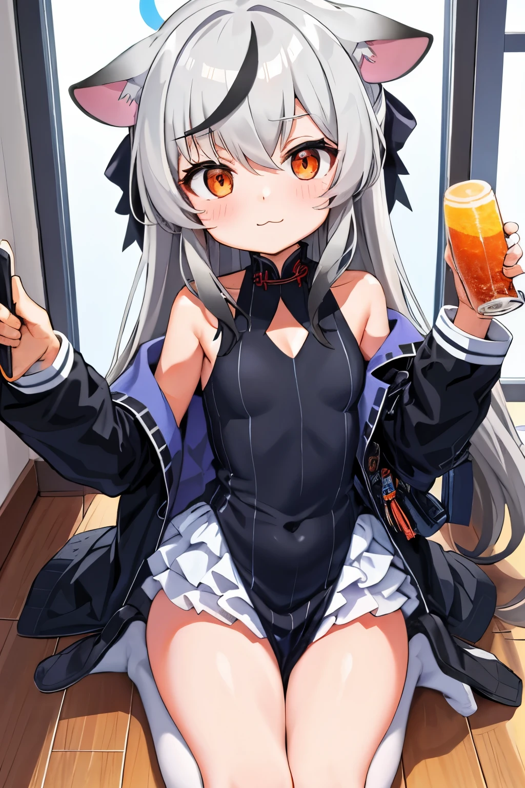 tmasterpiece， best qualtiy， ultra - detailed， 1girll，Gray hair Kokona， inside in room， Orange eye， ：3，the face,  closeup cleavage,  Winter suit, winter wonder