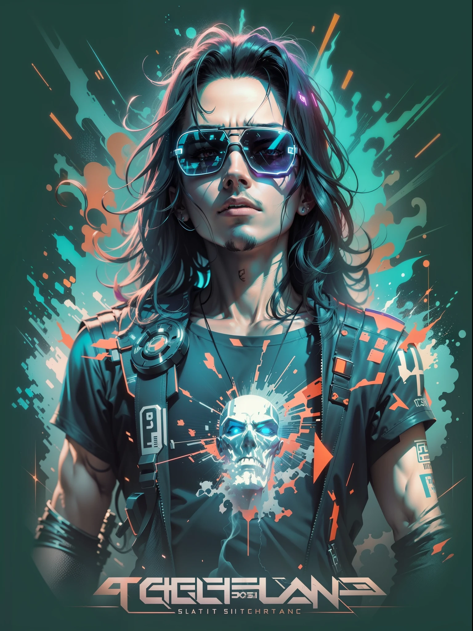 graphic design t-shirt, flat design, futuristic cyberpunk Johnny silverhand in mix of tones, topless,, topless, flashing , big , metal skin, laser beams, purple emissive eyes, colorful tones, clean highly detailed, vector image, smoke explosion, simple background, flat white background, bright vector ((white background) )