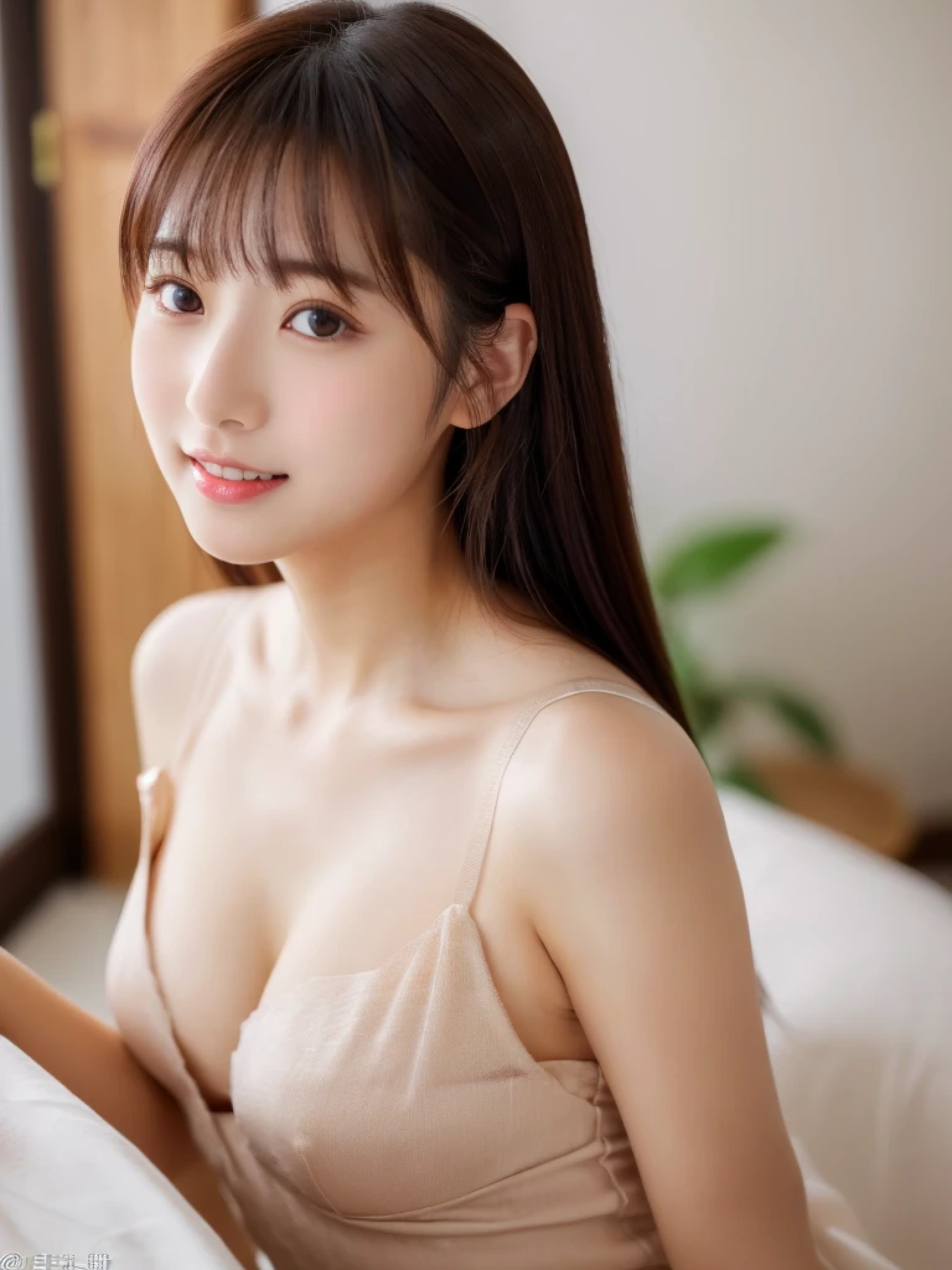 ((cute日本の女の子、beautiful japanese girl、1 girl、clear、19 years old、ponytail、Highly detailed face and skin texture、refinement、super detailed face、highly detailed eyes、Lee Hong、blush、cheek、ピンクのcheekを塗ったcheek、close-up of woman、 from the neck up、 Close to the camera、 positive face、Forward-facing body、look at the camera、front、cute、smooth white skin、Transparent skin texture、))、(dark brown hair、bangs)、beautiful woman with perfect style：1.4、japanese model、young gravure idol、若いcuteグラビアアイドル、Realistic young gravure idol、refinementされたグラビアアイドル、((highest quality、8K、masterpiece:1.3、１photograph))、(4K、RAWphotograph、highest quality)、(realistic、フォトrealistic:1.37)、Place someone on the other side of the screen、Natural light、professional lighting、F cup、big breasts、big breasts、Beautiful and well-shaped breasts、