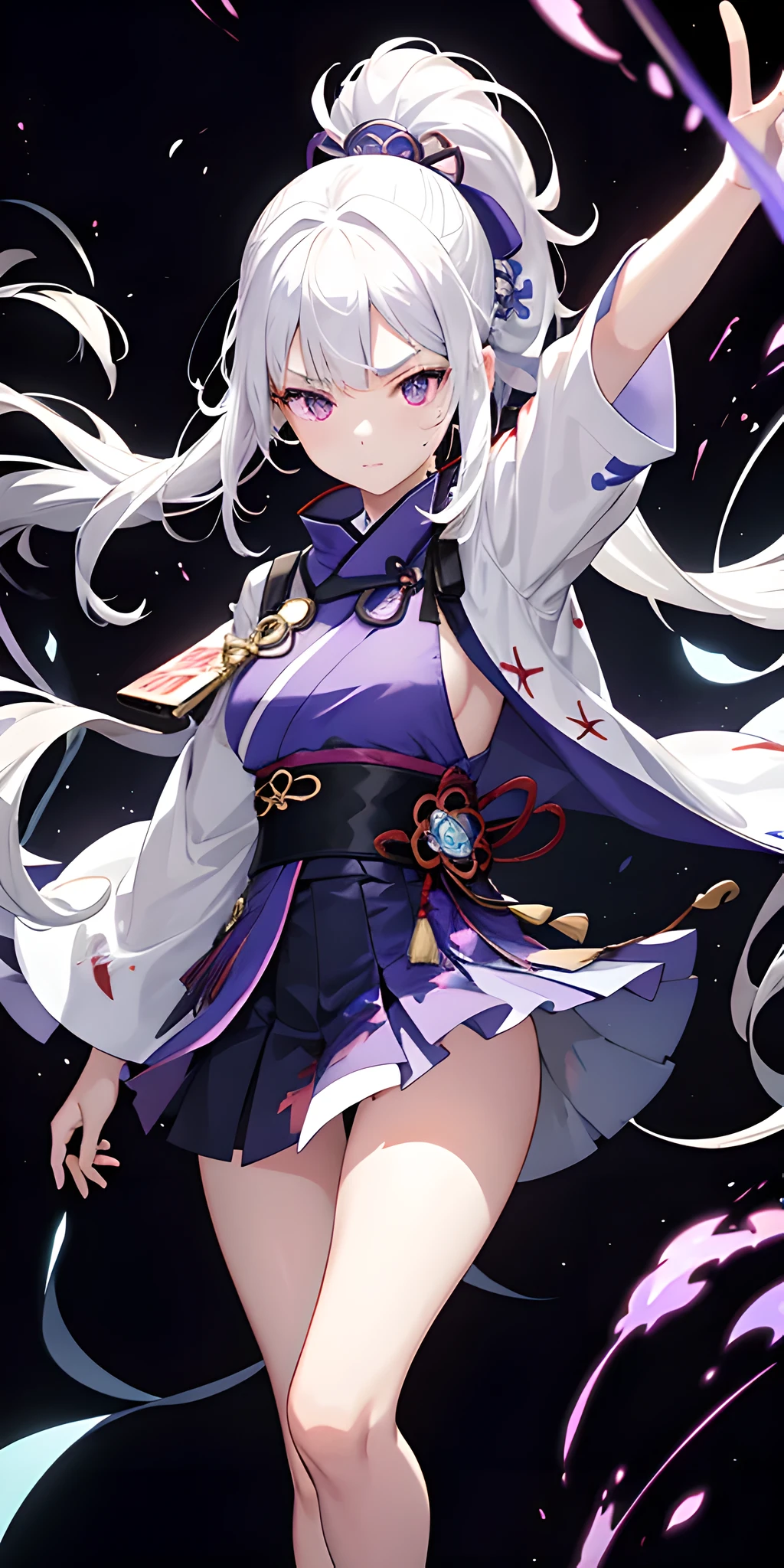 1 girl, japanese clothes, ponytail ,white hair, purple eyes, magic circle, blue flame, blue flame, wallpaper, landscape, Blood, Blood splatter, depth of field, night, Light particles, Light, side Light, thigh, destiny \(series\), Genshin Impact, ****, open jacket, skirt, raise your legs, cloud
