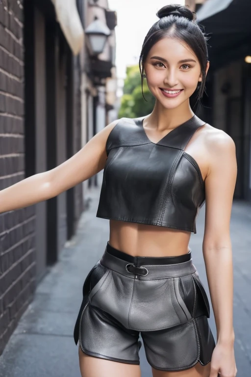 Top quality, masterpiece, extremely detailed CG unity 16K wallpaper, ultra-high resolution, high definition, (perfect body, correct anatomy:1.5), (from front view:1.4), professional photo, raw photo, photorealistic, cinematic lighting, 1 girl, ((grid girl:1.4)), 18 years old, , solo, (full body shot:1.1), intricately detailed face, hyper-realistic skin texture, black hair, glossy hair, (SINGLE hair bun:1.2), highly detailed skin, tanned skin, glossy skin, highly detailed eyes, dark eyes, eyeshadow, ultra-realistic nose and lips, glossy lips, pink lipstick, (expressive face:1.3), (smile:1.2), (gray crop top made of leather:1.5), ((strapless:1.4)), slender, medium breast, perfect body proportion, naval, stomach cutout, (gray shorts made of leather:1.5), ((boots:1.5)), walking, (((auto circuit, daytime, noon, outdoor:1.2)))