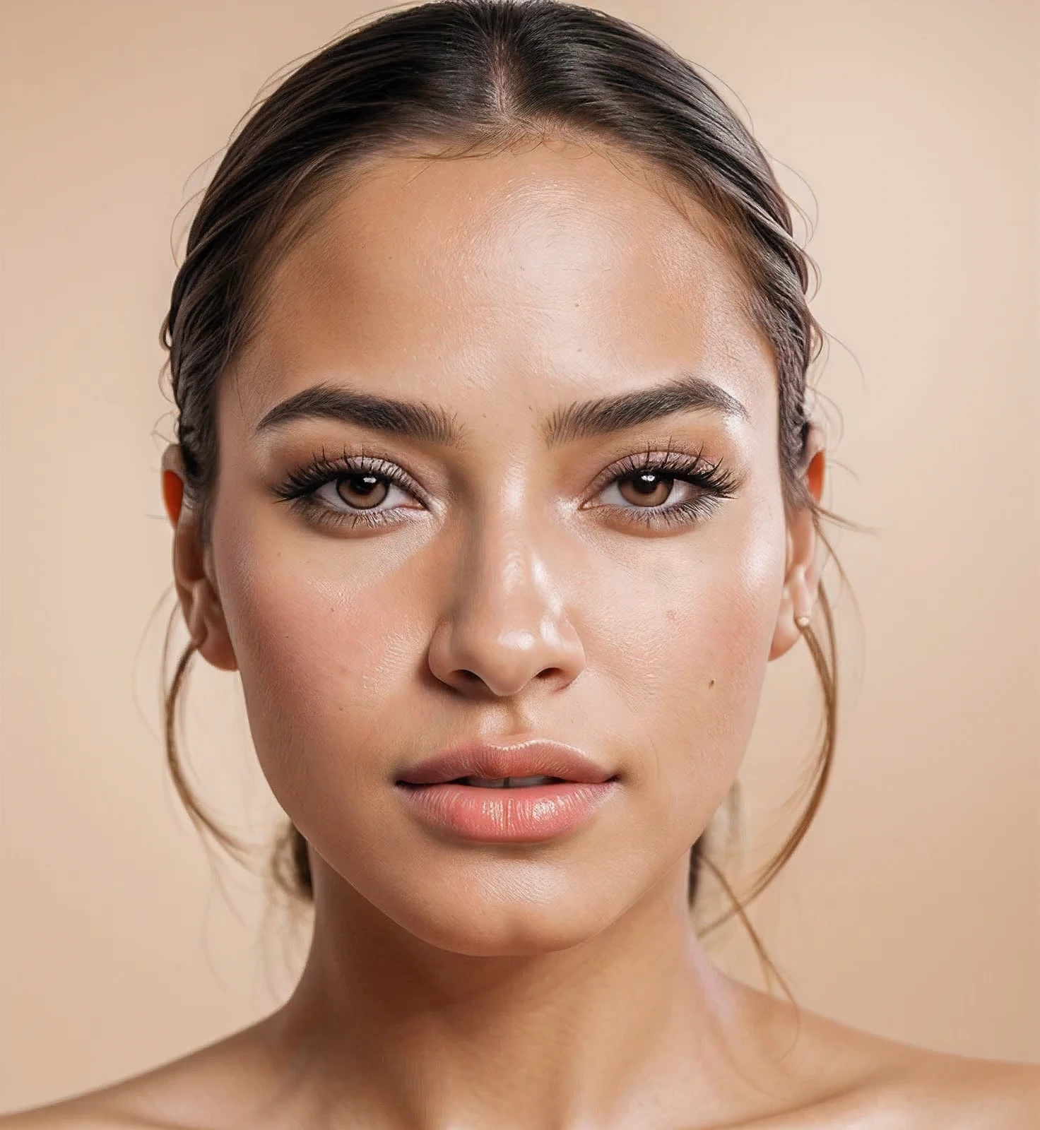 (Actually, high resolution:1.3, masterpiece, 8 thousand, best quality, ultra detail ),
Latinous, very beautiful face, (photo realistic:1.4)studio shoot,pictorial,photography,Realistic eyes, very detailed face, detailed lips, normal hand, shiny lips, Glossy face, simple background, brown skin