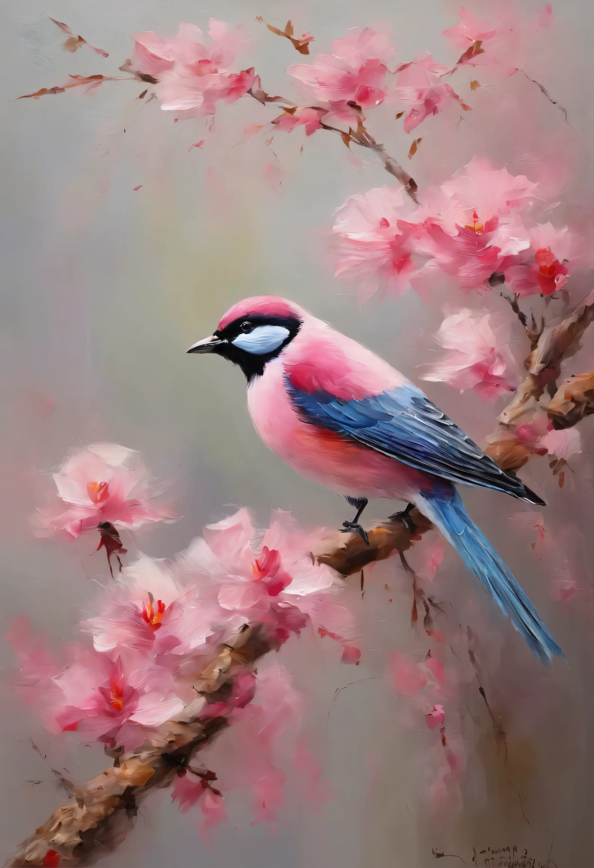 Birds remain in pink bloom，Take pollen，Colors are eye-catching，sharp