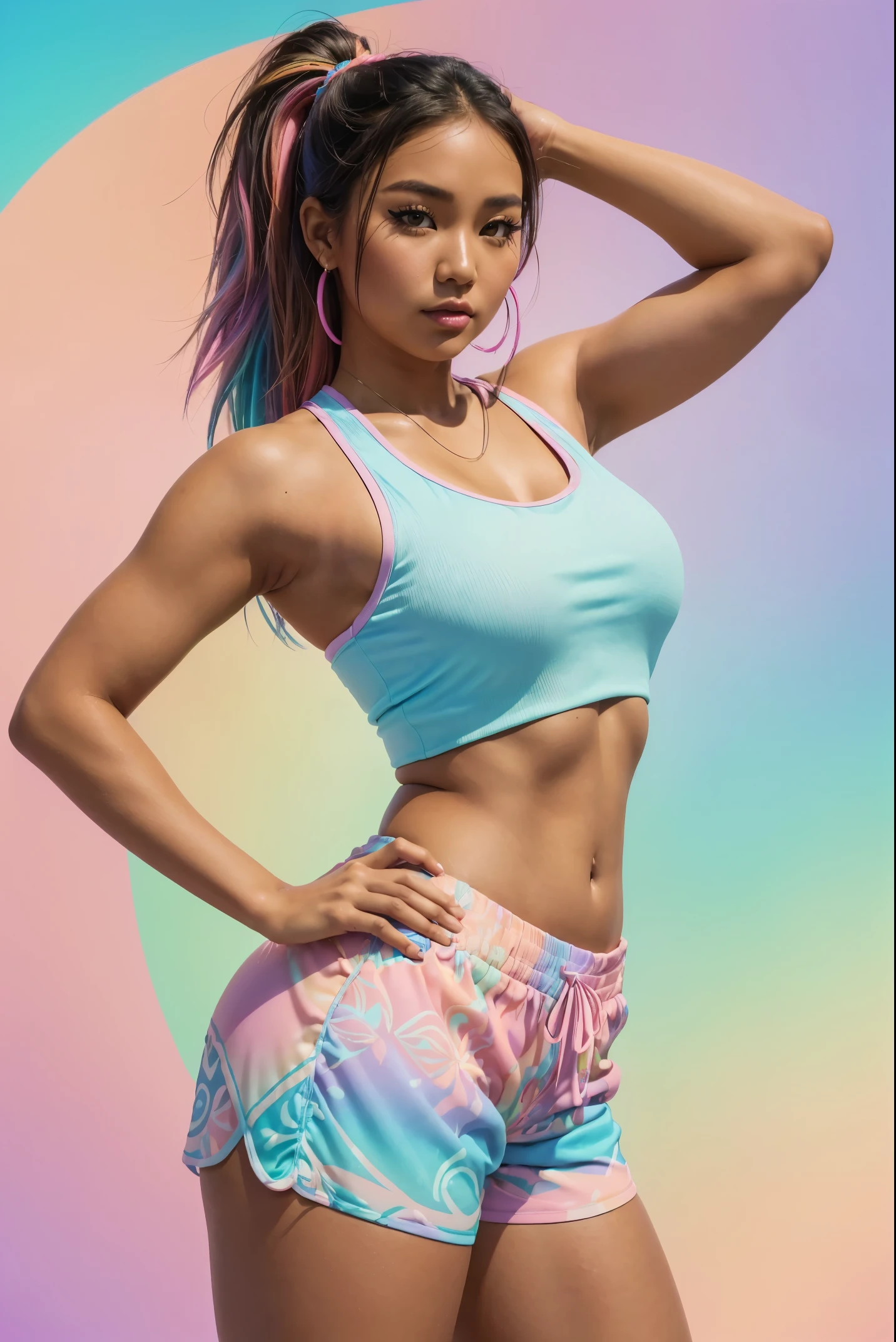 (Sexy tanned Polynesian|Asian woman, 1girl:1.2, thicc hourglass figure, perfect eyeliner:1.2), (masterpiece:1.4, best quality), medium breasts, unity 8k wallpaper, ultra detailed, (pastel background, wearing gym shorts and colorful tank top:1.3), alluring pose, upper body, ass, beautiful and aesthetic, detailed, solo