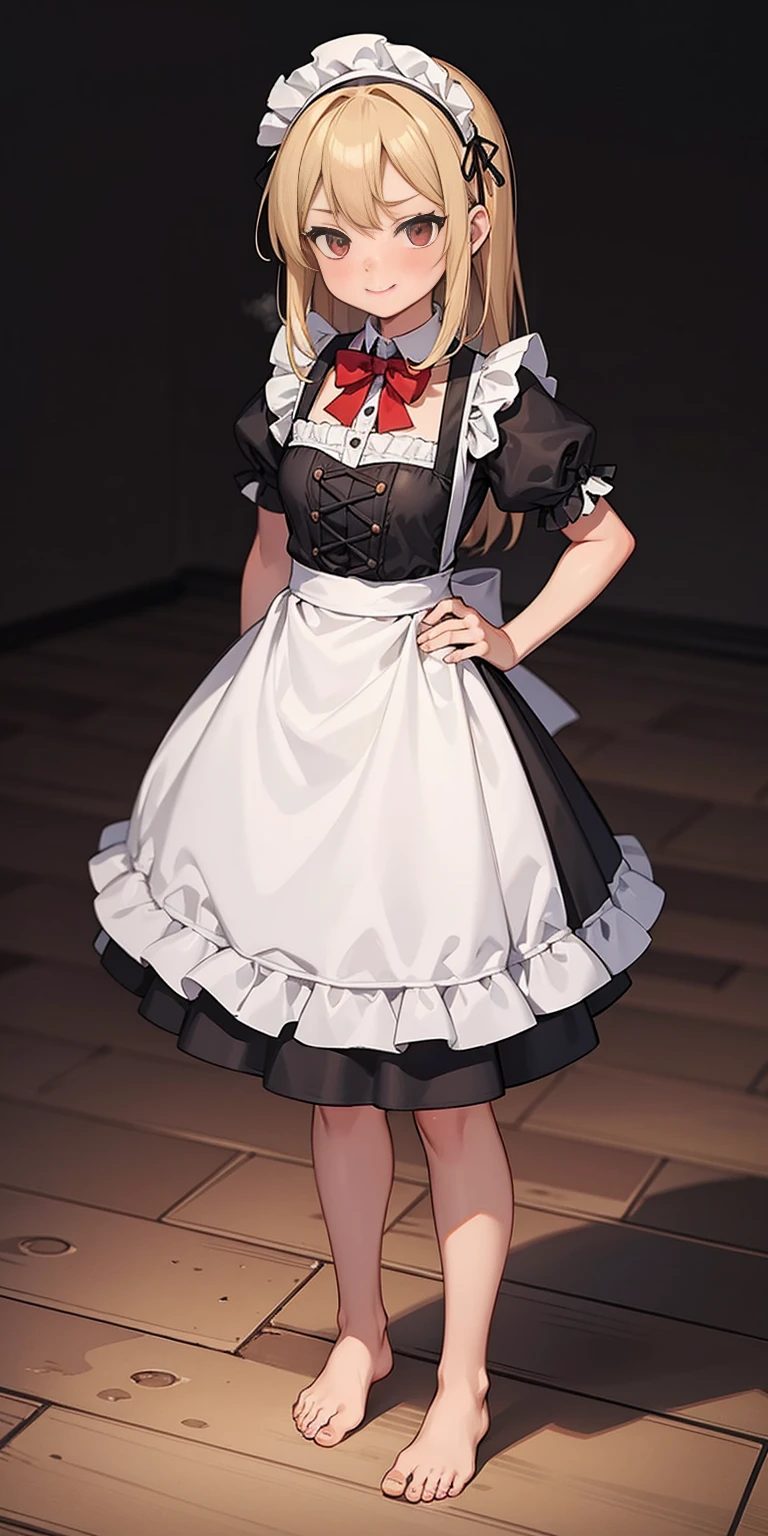 (highest quality, 8K, masterpiece, best image quality, ultra hd, delicate and smooth skin, real looking skin, perfect and beautiful face ,perfect and cute face, high detail skin, perfect limbs、thin waist、thin legs)、NSFW、grumpy face、twin tails、brown hair、red ribbon、(Maid clothes)、locker room、