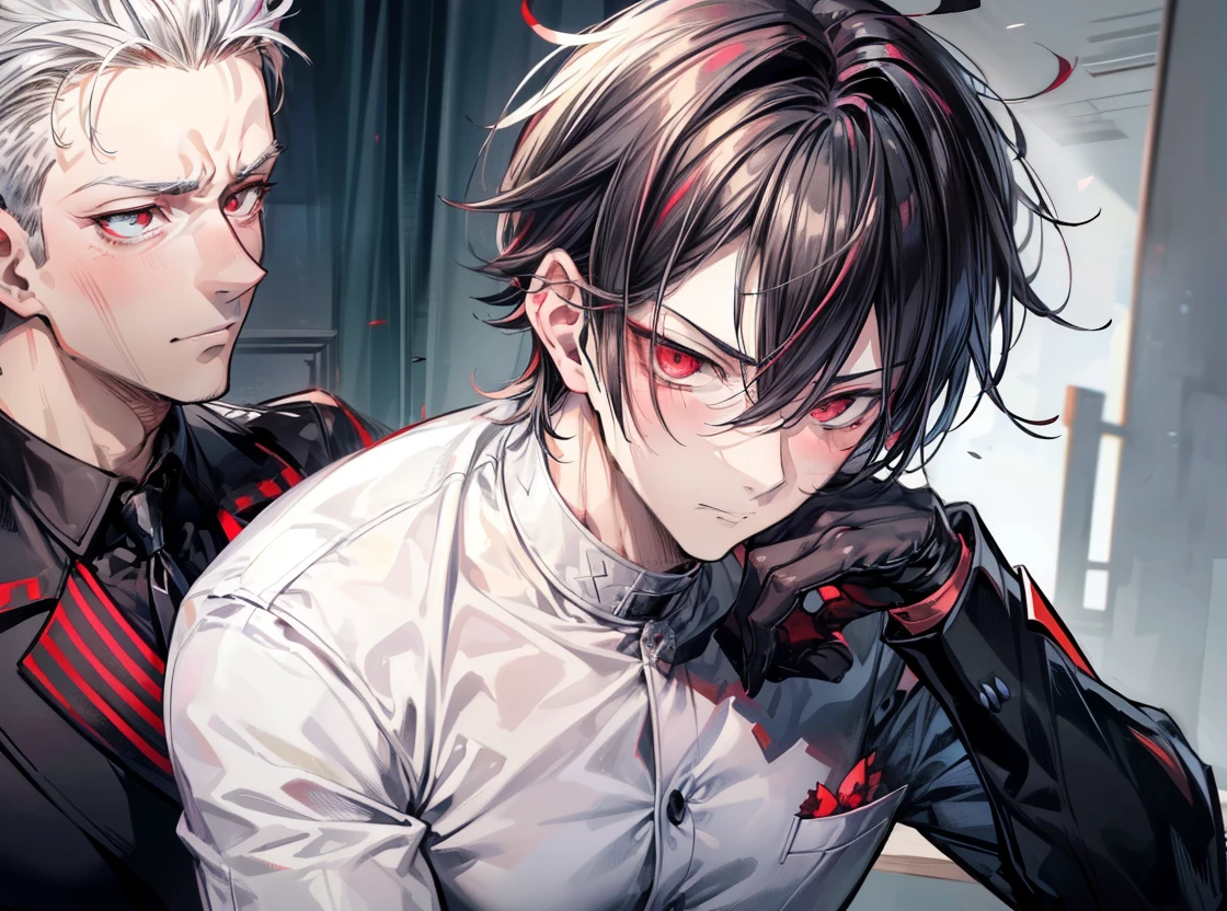 (flat color:1.1),(masterpiece:1.2), best quality, masterpiece, original, black spiked hair, short hair, (handsome mature man:1.5), (handsome man with red eyes looking at camera with a blushing expression:1.2), (1man:1.5), (dark eyebags:1.2), blushing expression, (yandere:1.3), dark mood, dark atmosphere