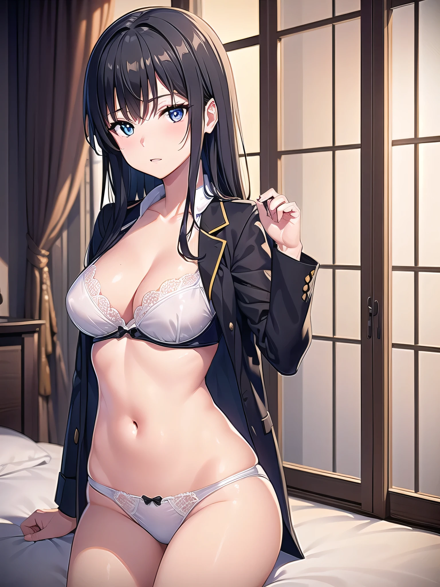 (A superb exquisite yukinoshitaYukino),(yukinoshitaYukino:1.5), (oregairuUniform:1.5), brown eyes, black hair, natural straight hair, straight bangs, solo, nature, extremely delicate, straight facial features, peerless beautiful girl, soft, (sensual face), ((ecchi face)), dreamy quality, exaggerated facial features, solid color, frank holly, delicate face, bright lips, slender waist, soft curves, real light and shadow, super fine, 4k, natural moving, Ultra high resolution, (masterpiece:1.2, best quality), (finely detailed beautiful eyes: 1.2), (beautiful detailed face), sexy semi-nude model, sexy pose, Ultra high definition white bra and panties, erect nipples,Medium chest, slender body, (bedroom),